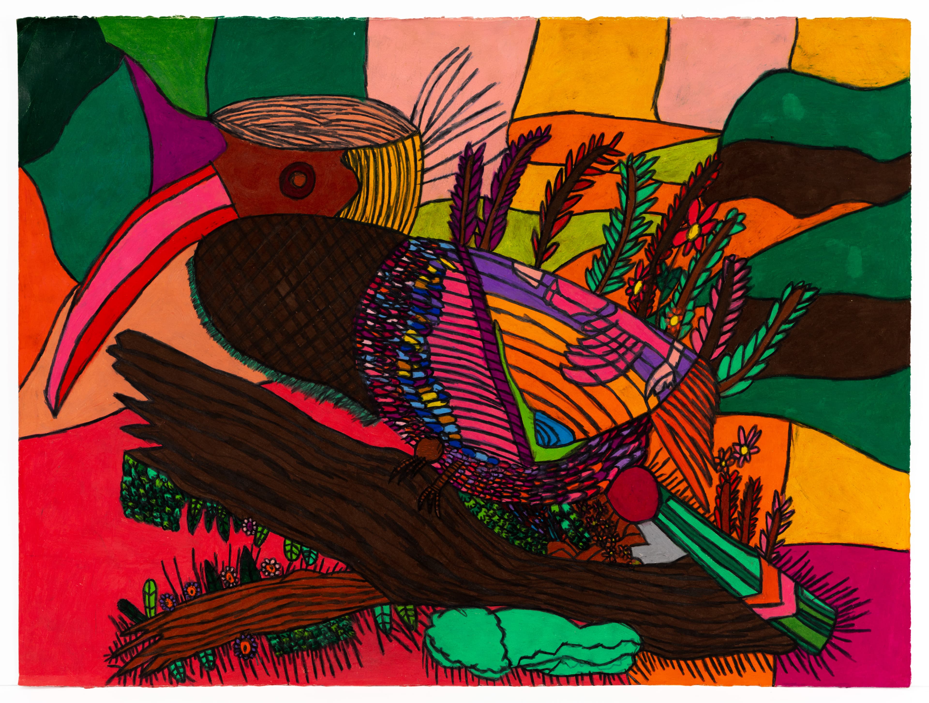 Colorful drawing of a large bird with detailed plumage surrounded by plants and flowers, ink and pastel on paper