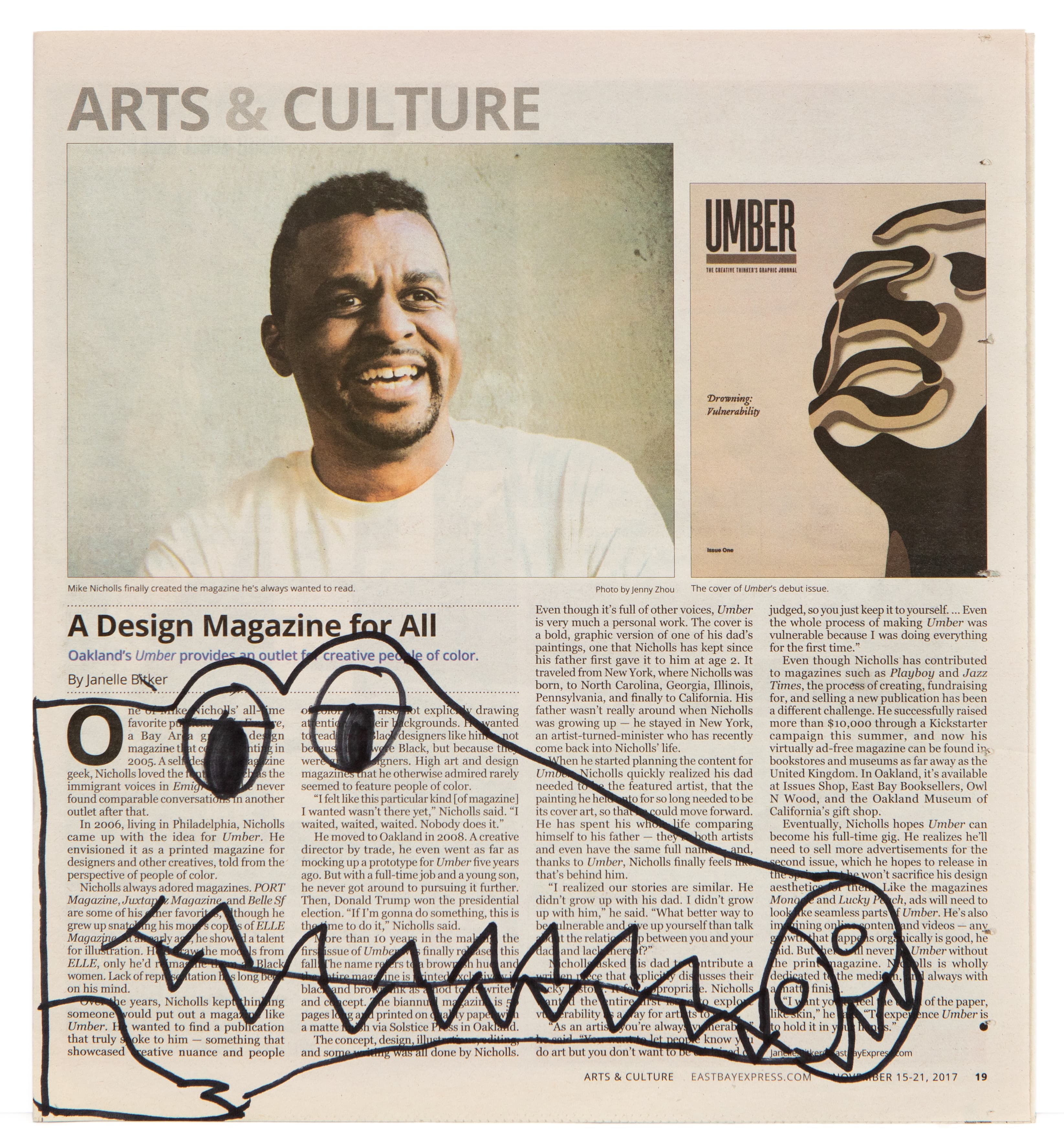 Ink drawing on newspaper showing abstract linear patterns over Arts & Culture section with portrait and magazine layout