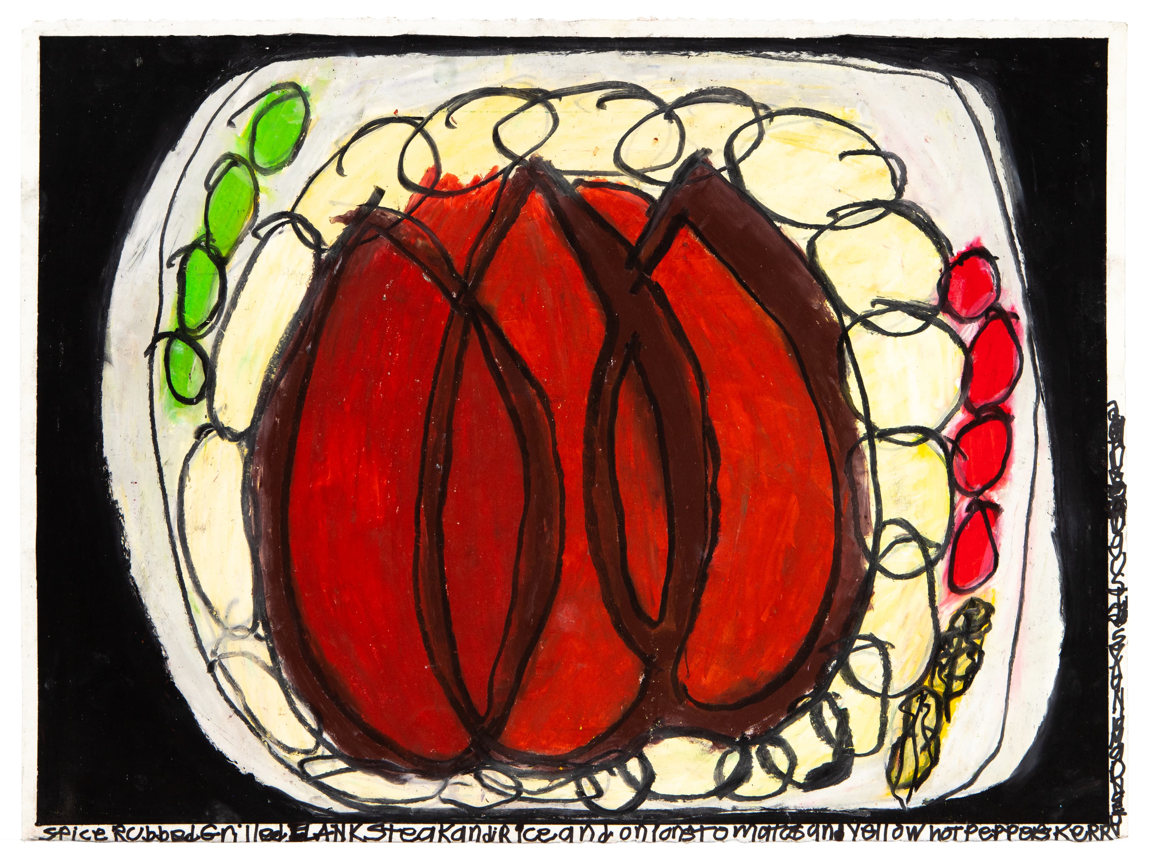 Drawing of a plate with red meat and colorful vegetables, pastel on paper