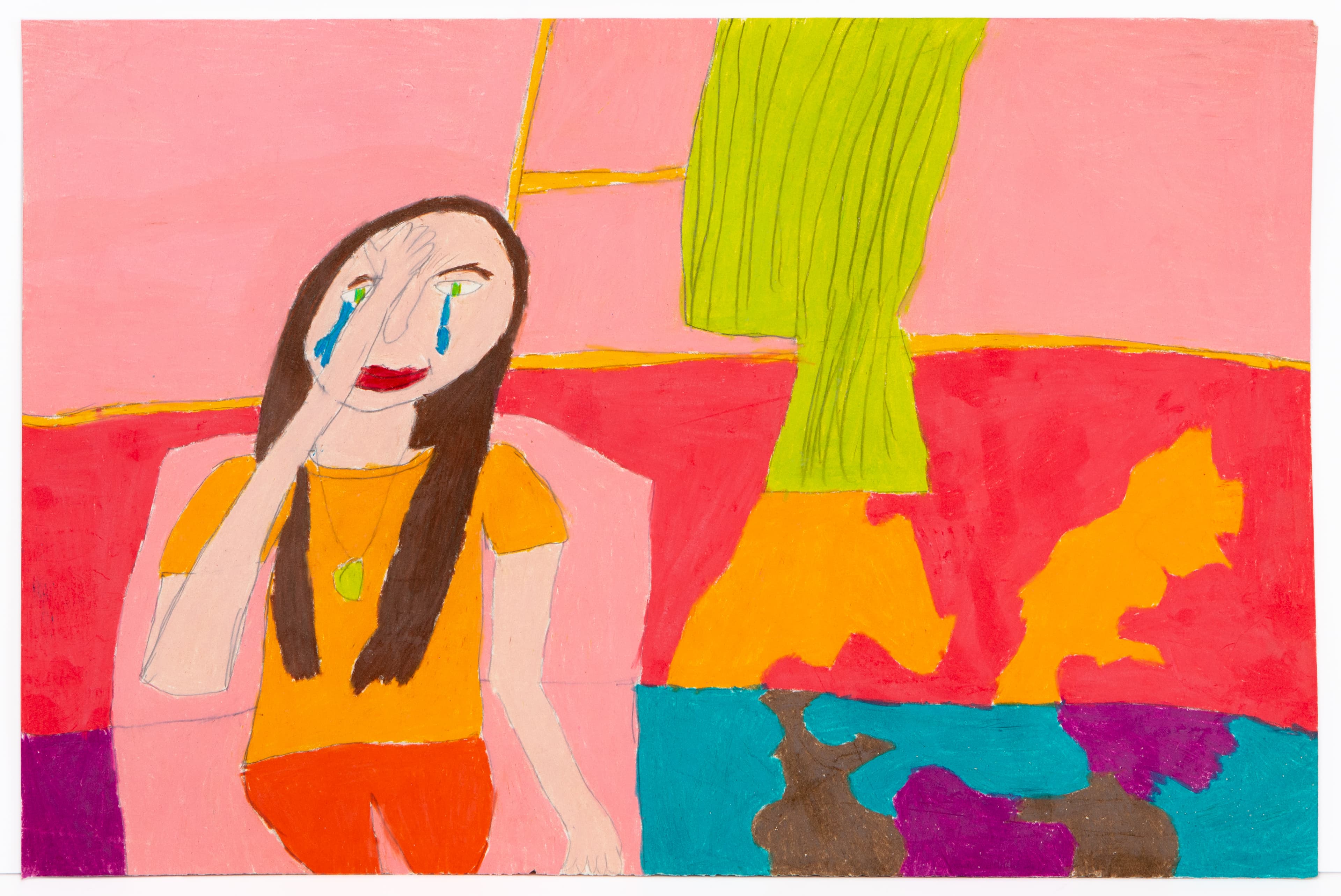 Colored pencil drawing of a figure with long dark hair and blue tears in a vibrant interior scene