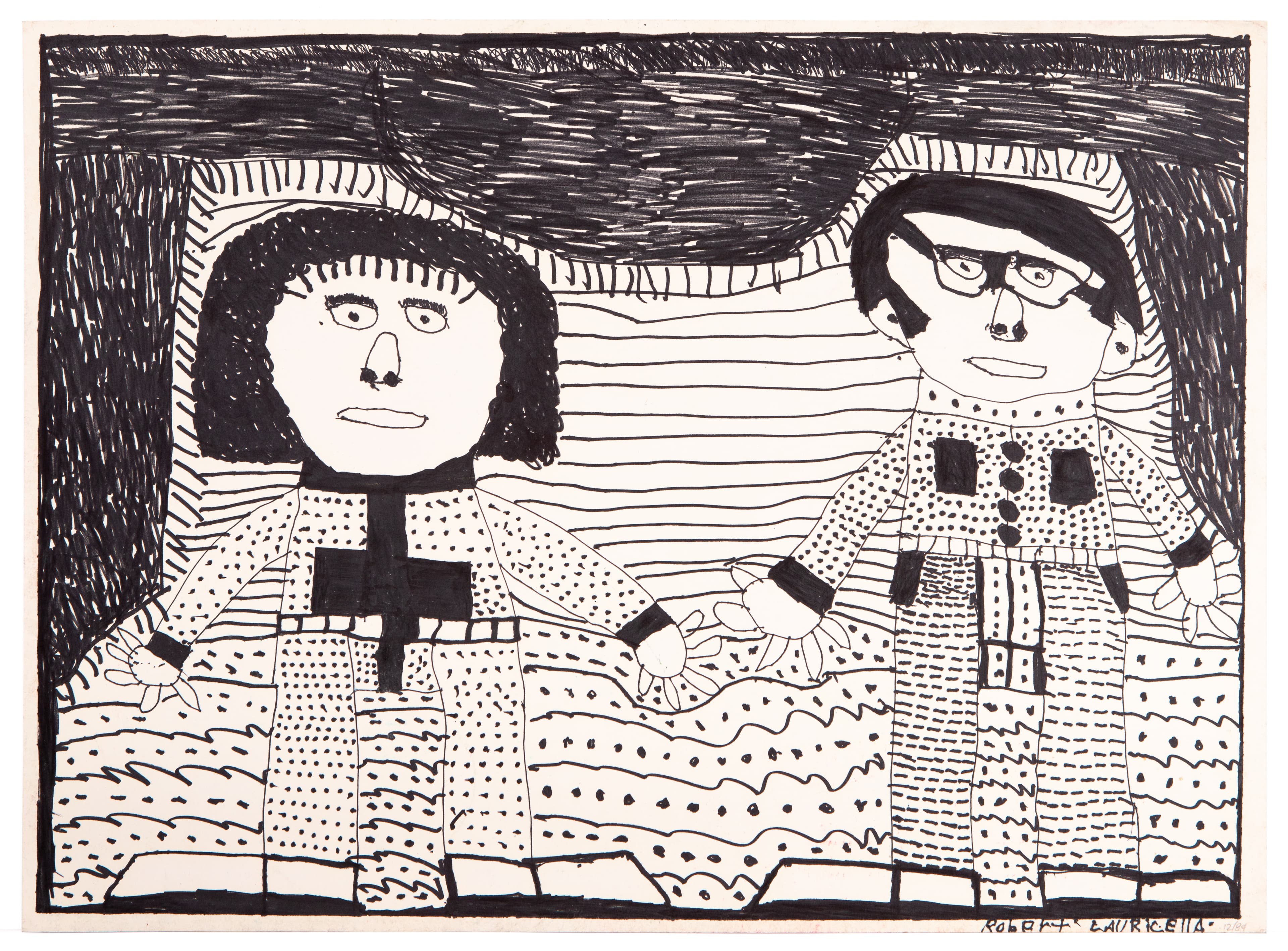Black and white ink drawing of two figures wearing patterned clothing, standing side by side