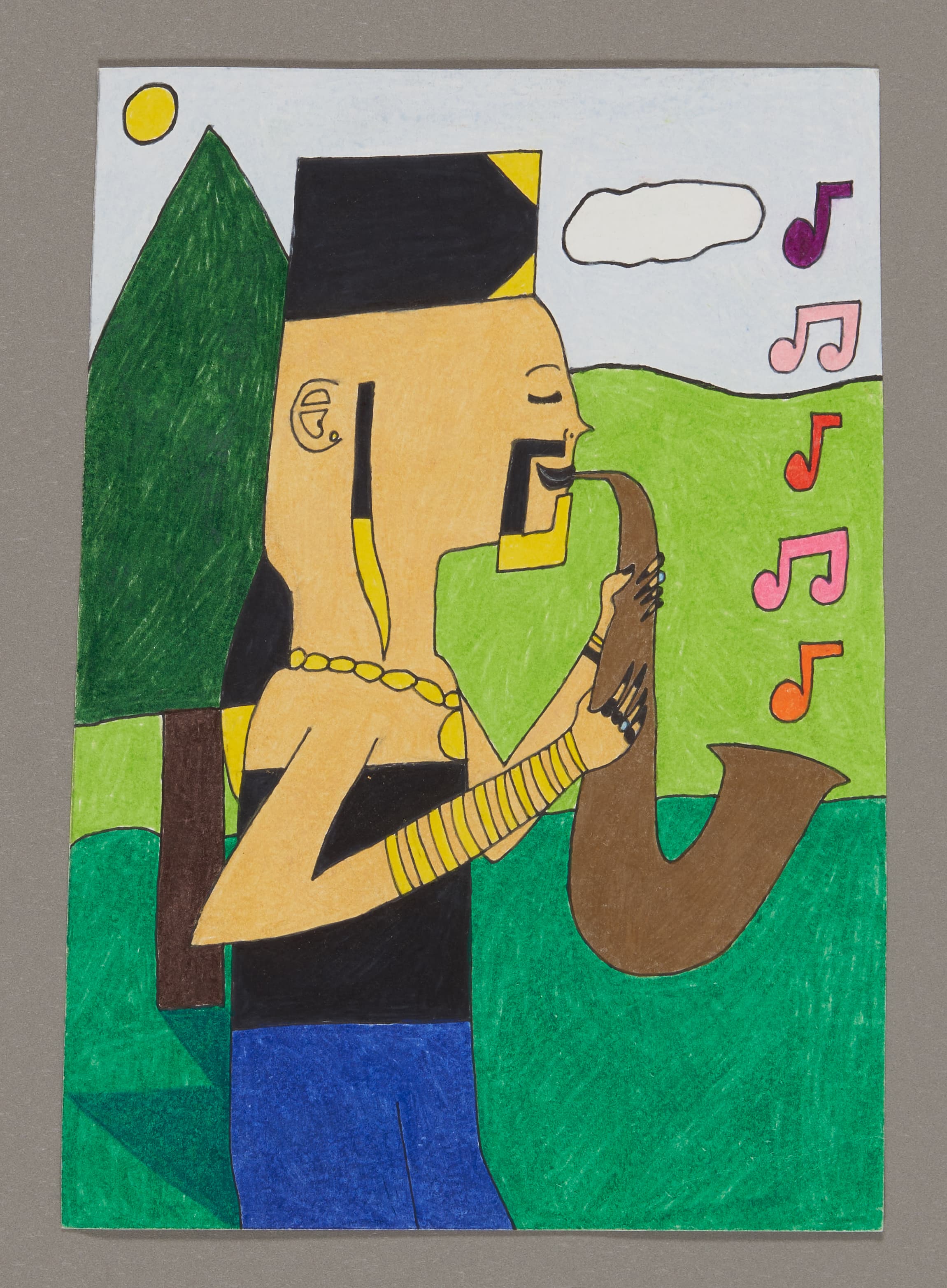 Drawing of a figure playing saxophone with musical notes, using colored pencil and ink on paper