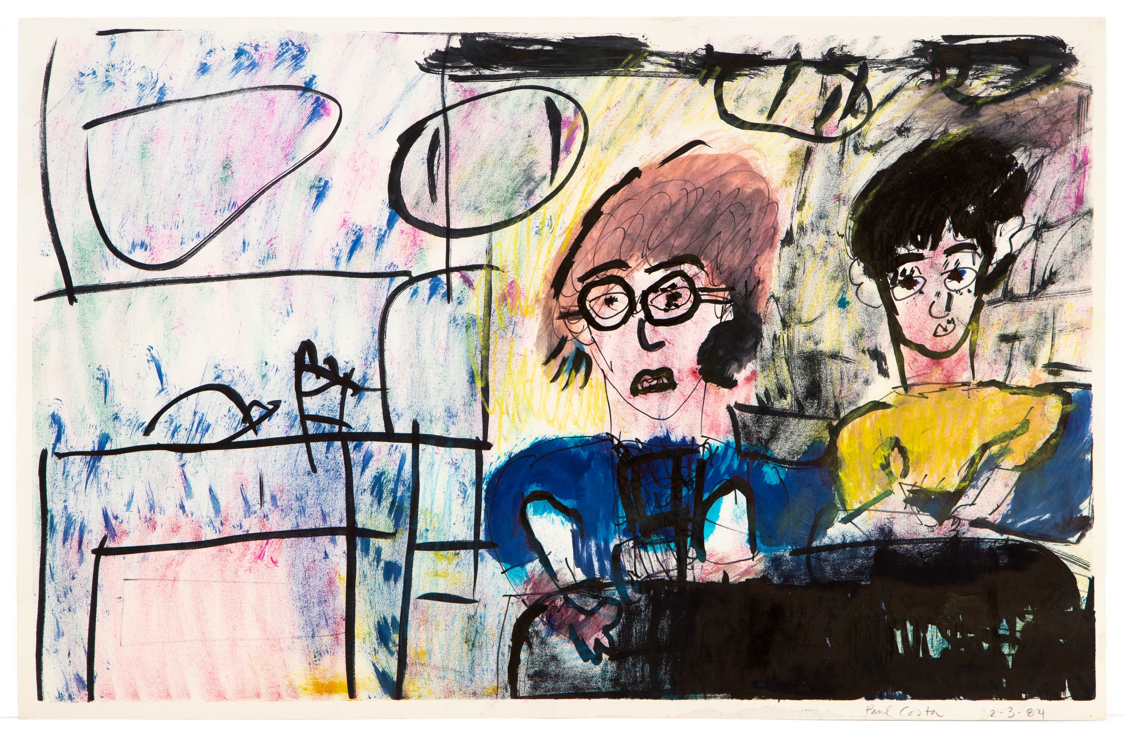 Mixed media drawing with two portrait figures, black linear elements, and colorful washes in ink and watercolor
