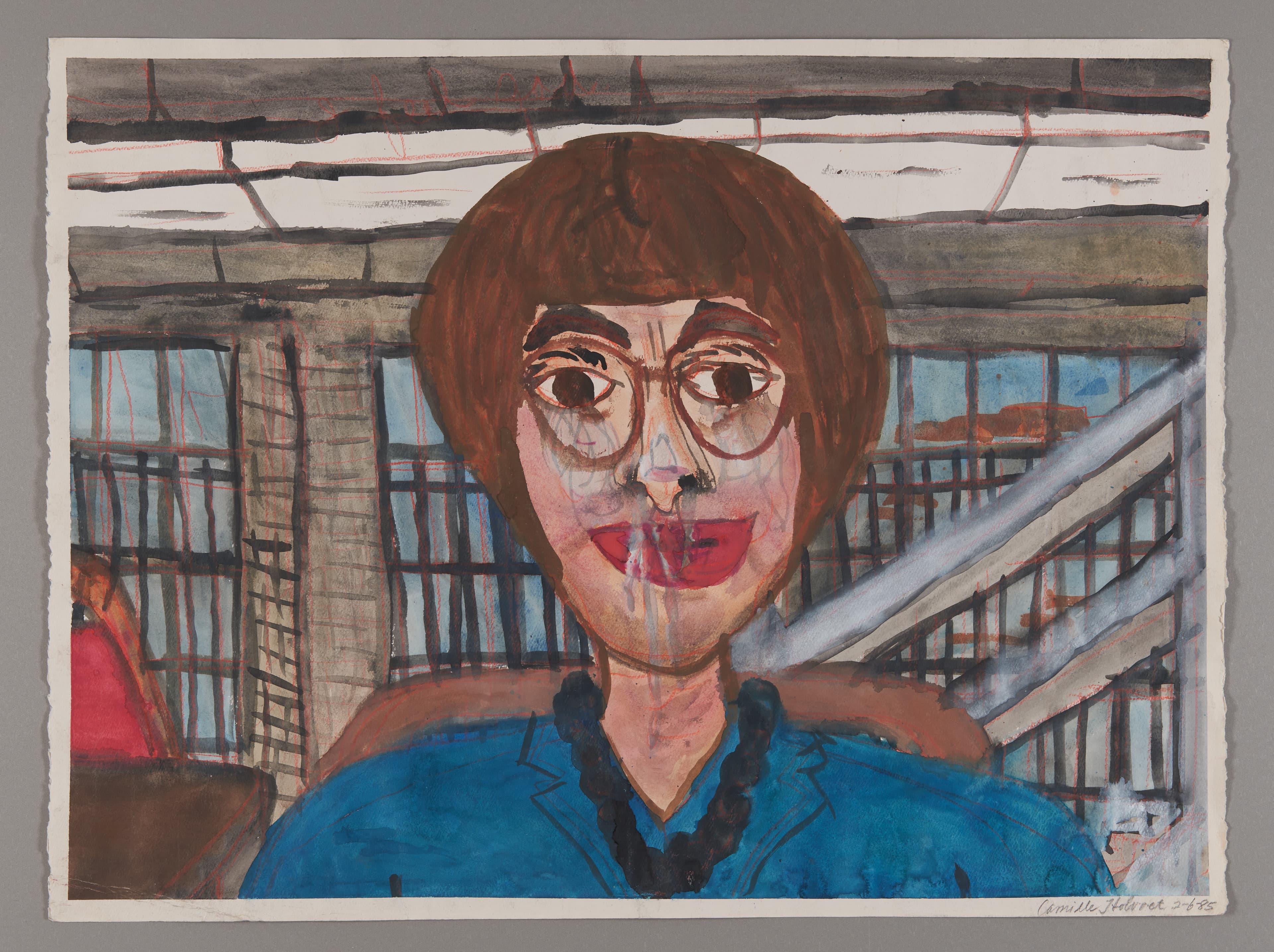Watercolor painting of a person with brown hair and glasses wearing a blue shirt in an industrial interior setting