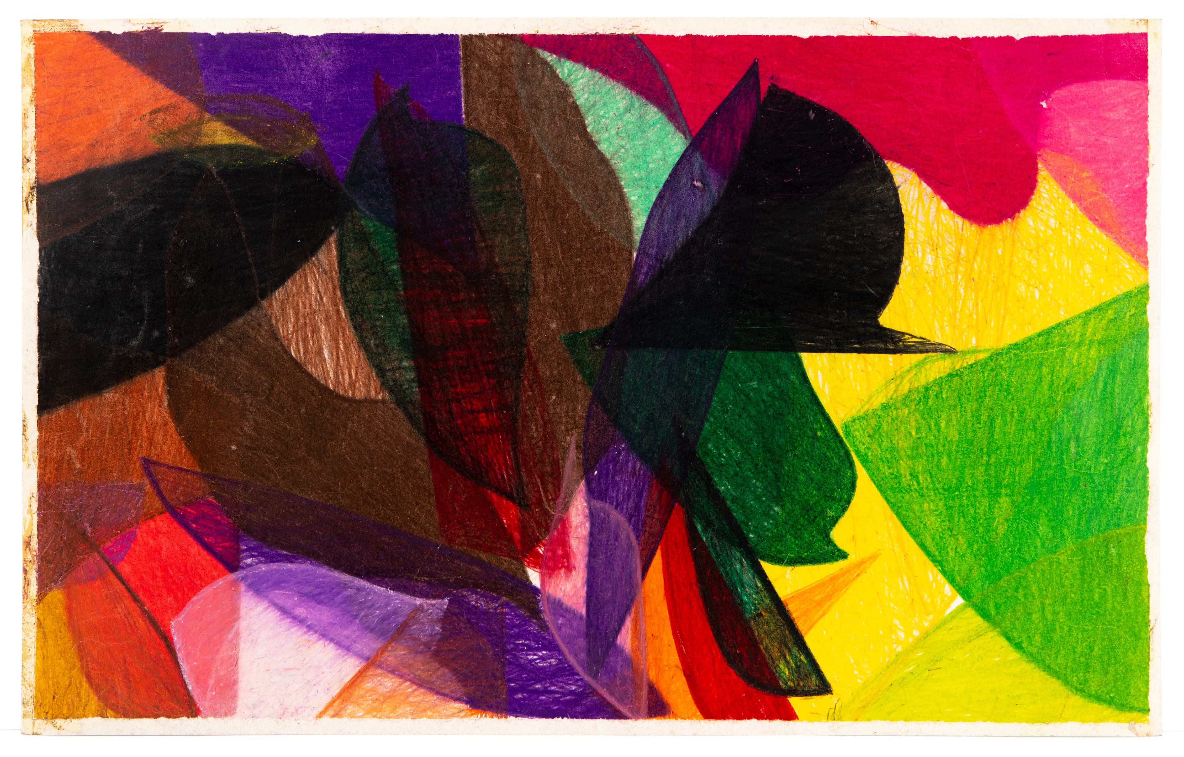 Abstract drawing with overlapping geometric shapes in vibrant colors including purple, green, yellow, and red on paper