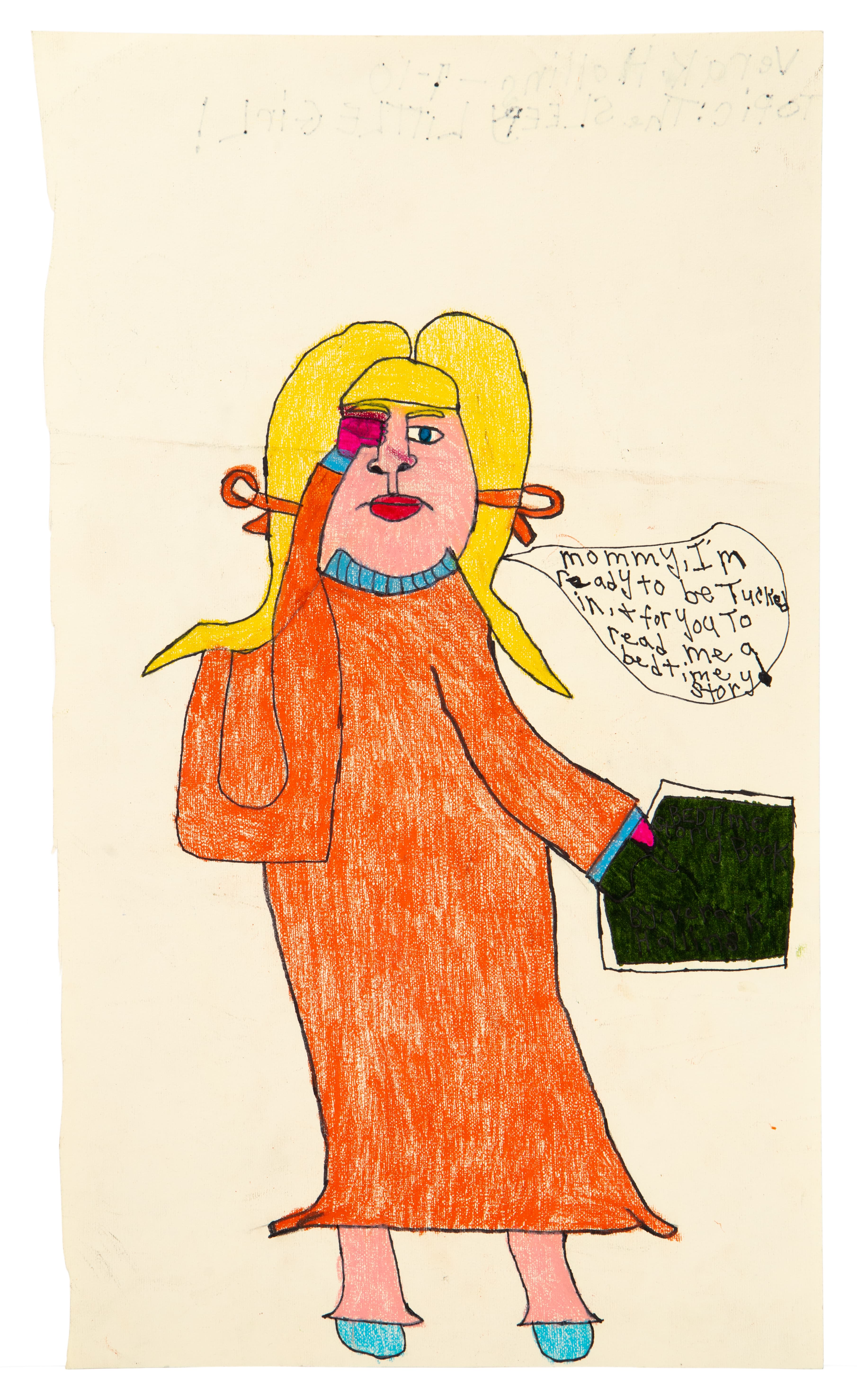 Colored pencil drawing of a figure with blonde pigtails wearing an orange dress, holding a green book
