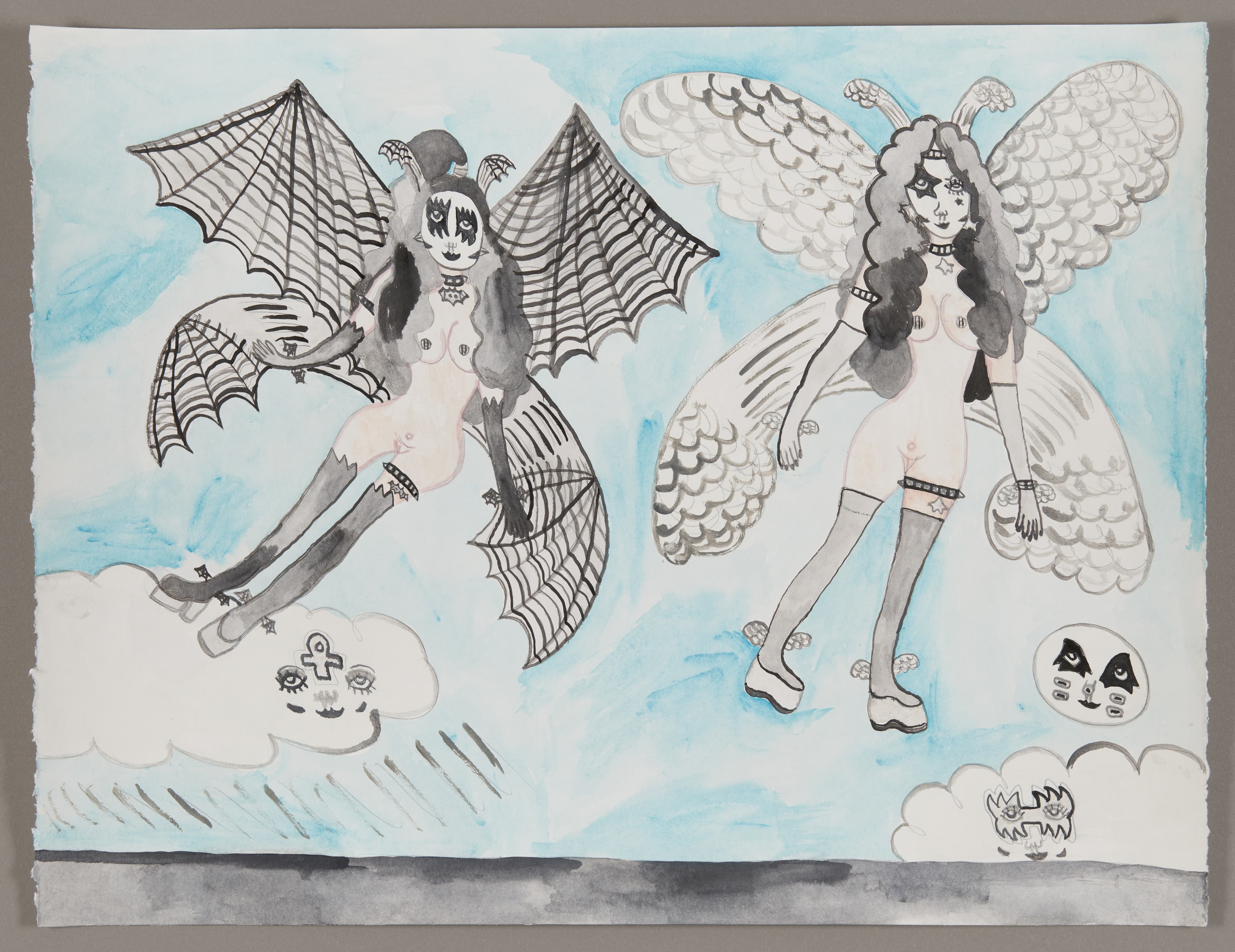 Drawing of two winged figures in graphite, ink and watercolor - one with bat wings, one with feathered wings on blue sky