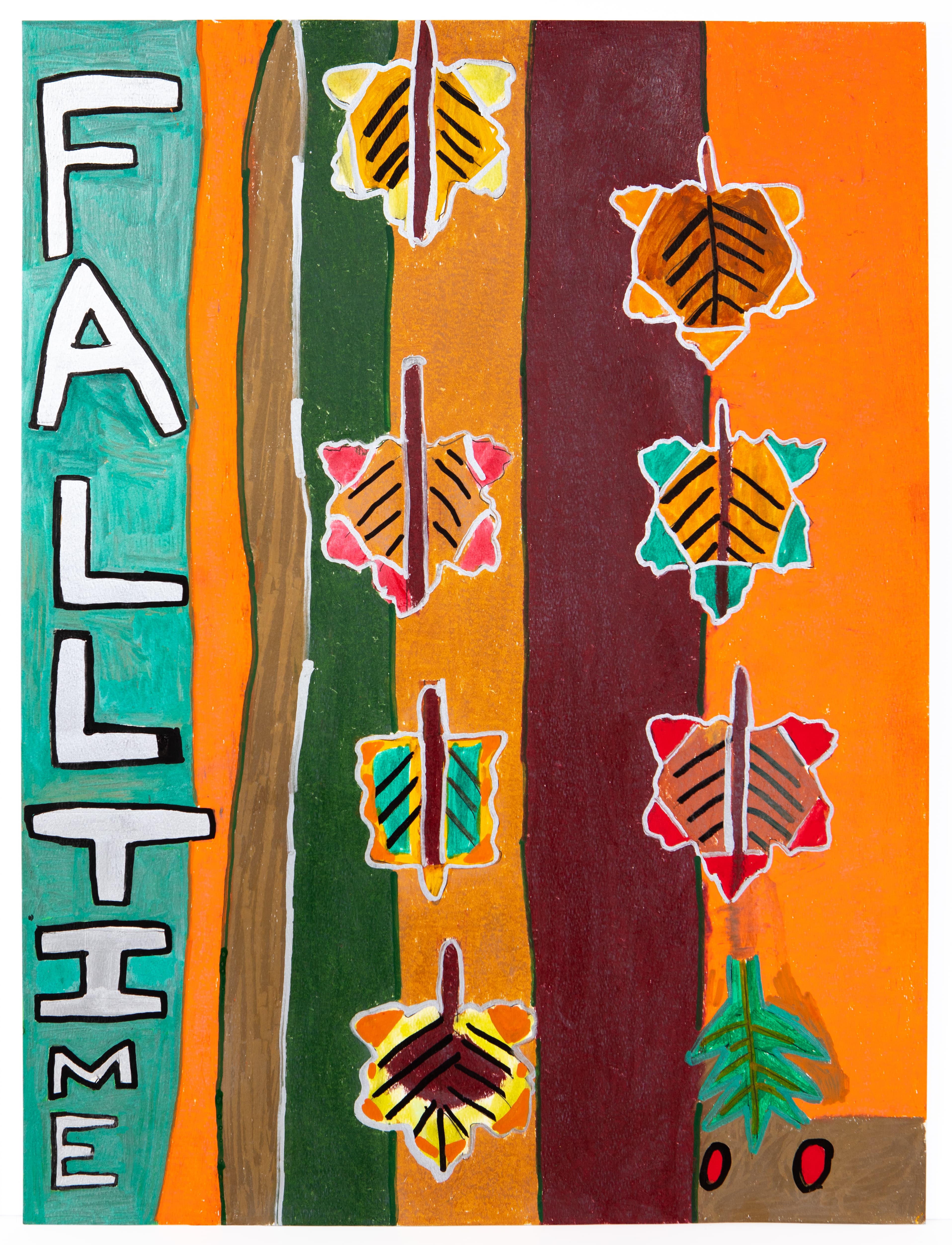 Mixed media painting with vertical bands of color featuring the word FALL and leaf motifs in bright colors
