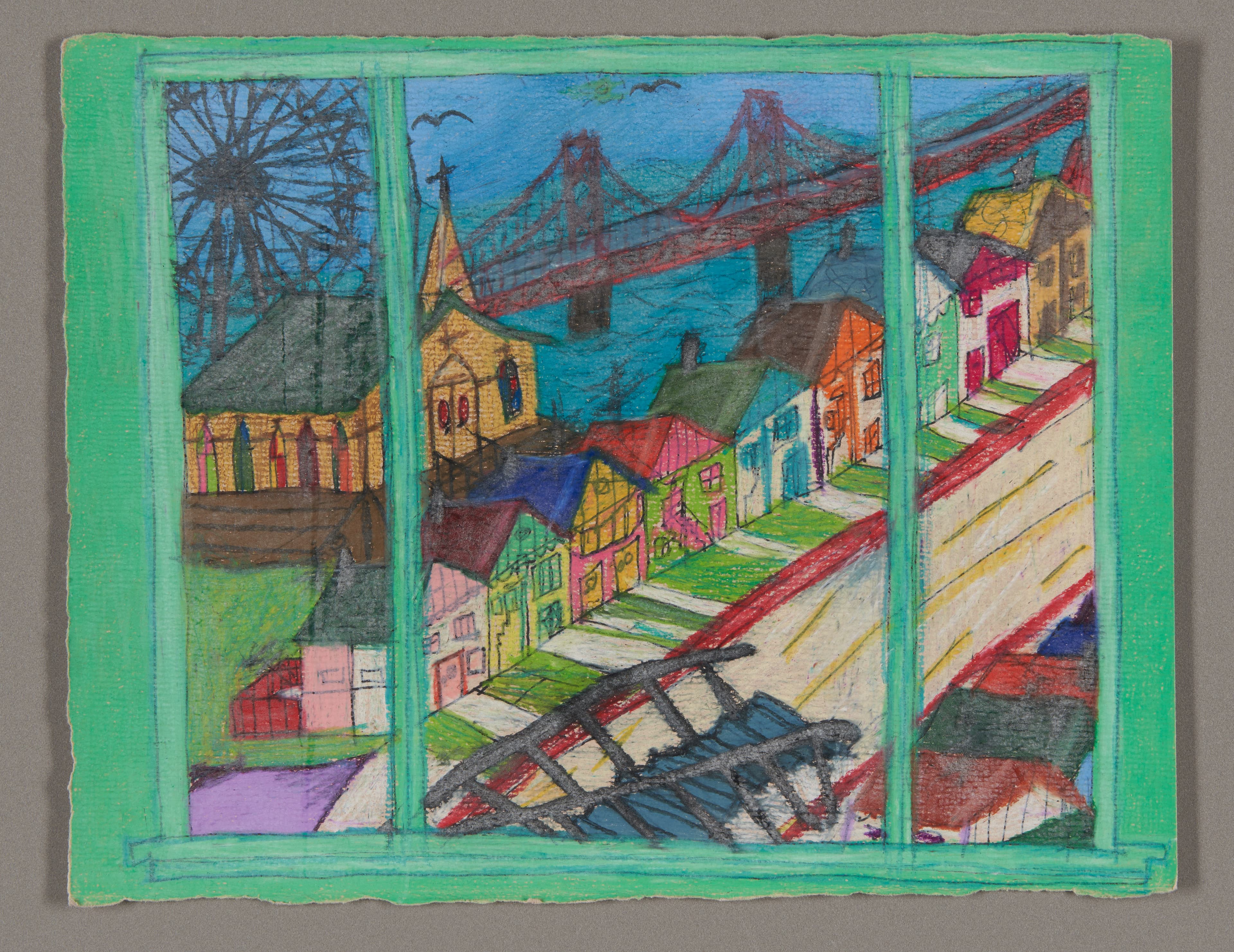 Oil pastel and ink drawing showing a cityscape view through a green window frame with colorful buildings and bridge