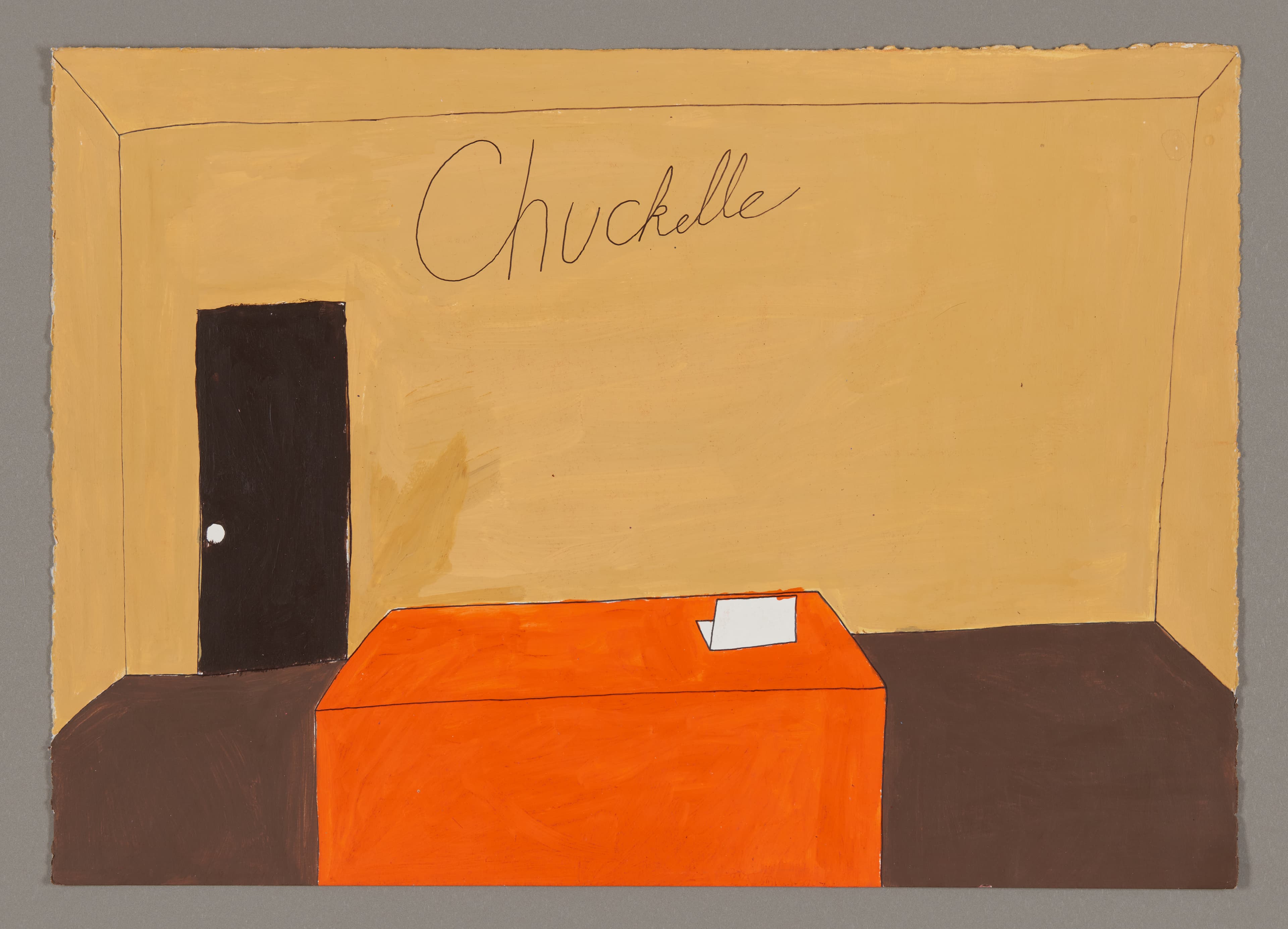 Interior scene painting with orange rectangular form, dark door, and 'Chuckelle' text, acrylic and ink on paper