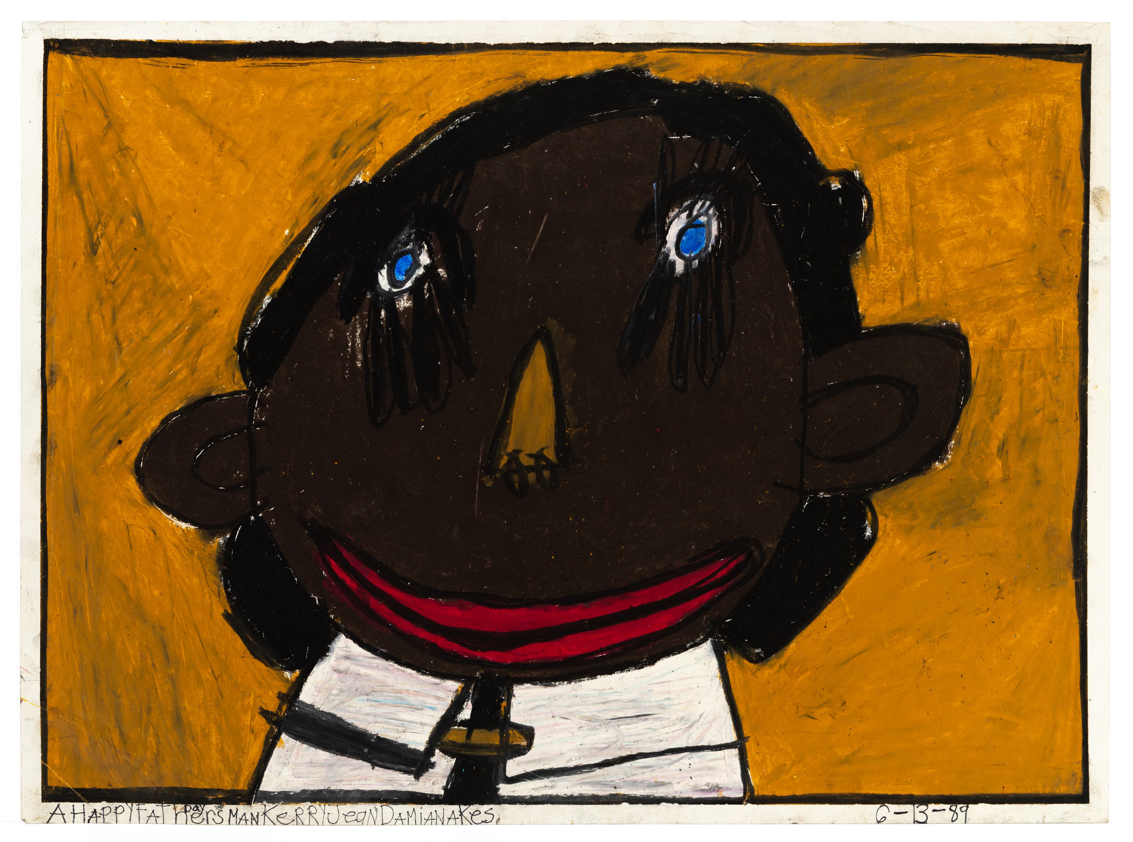 Pastel drawing of a figure with black hair, blue eyes, and red smile on orange background