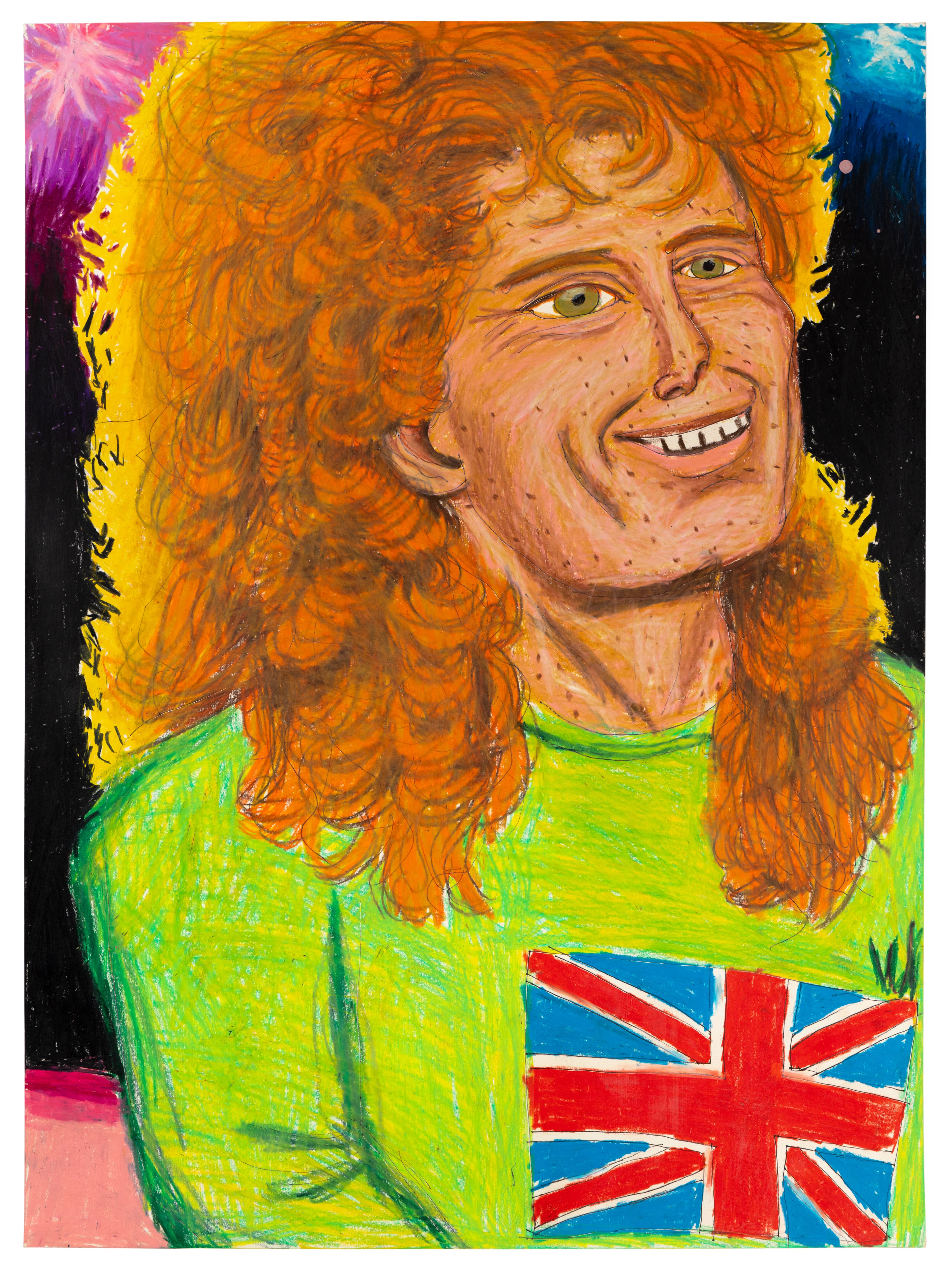 Portrait painting of a smiling figure with curly orange hair wearing a bright green shirt with Union Jack flag design