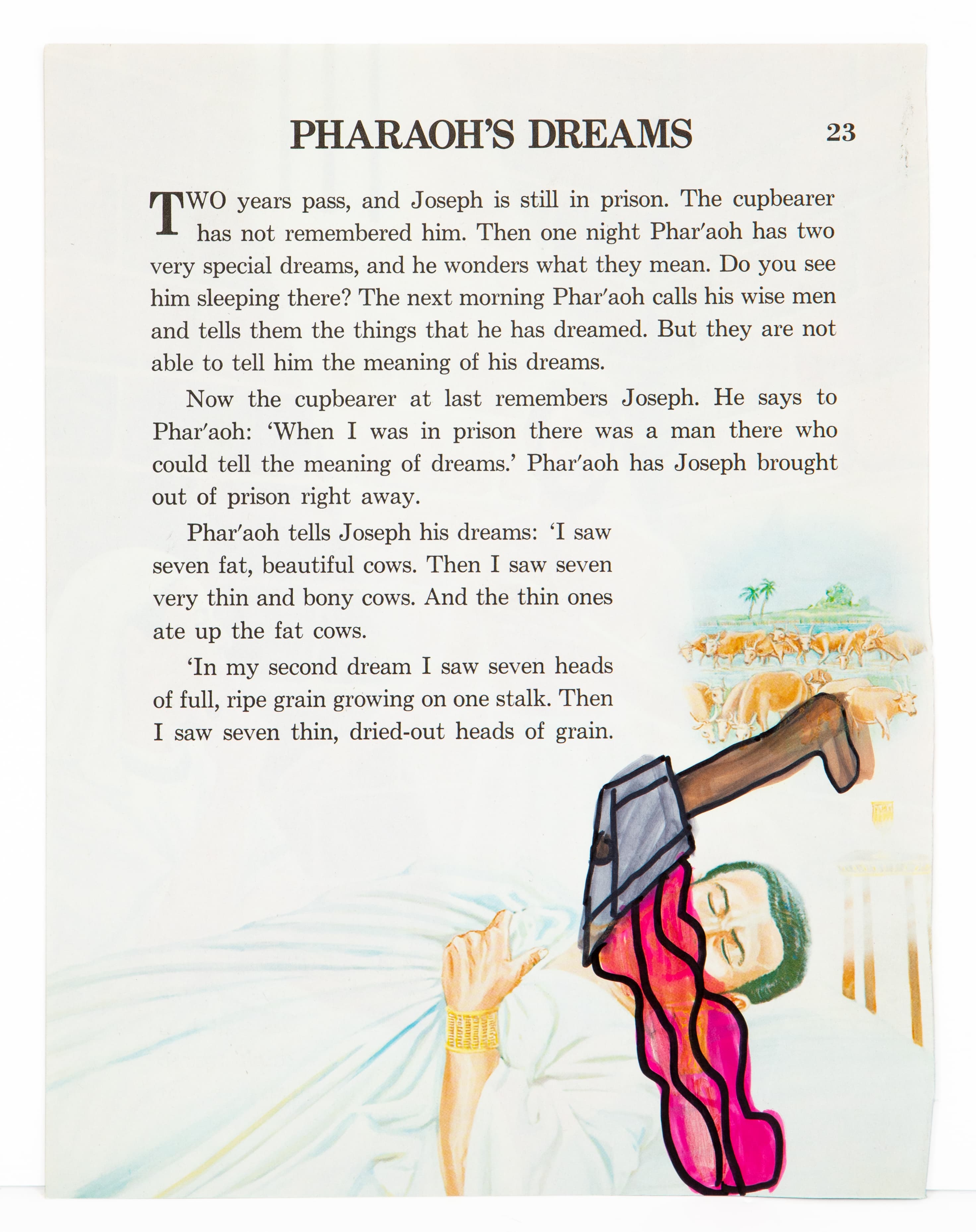 Mixed media artwork on book page showing figure with axe and text about Pharaoh's dreams, ink and colored pencil