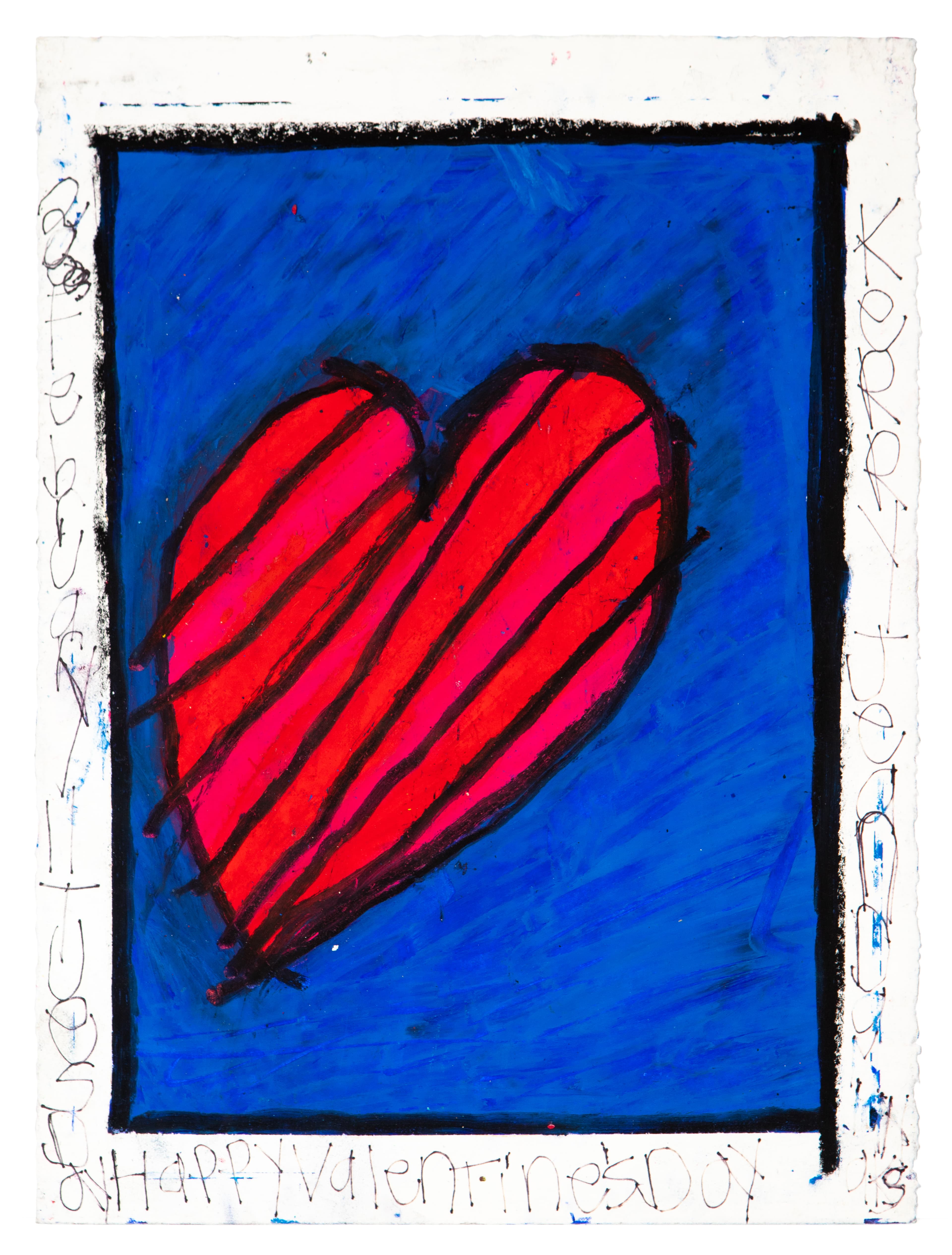 Drawing of red heart with black diagonal lines on blue background, pastel on paper