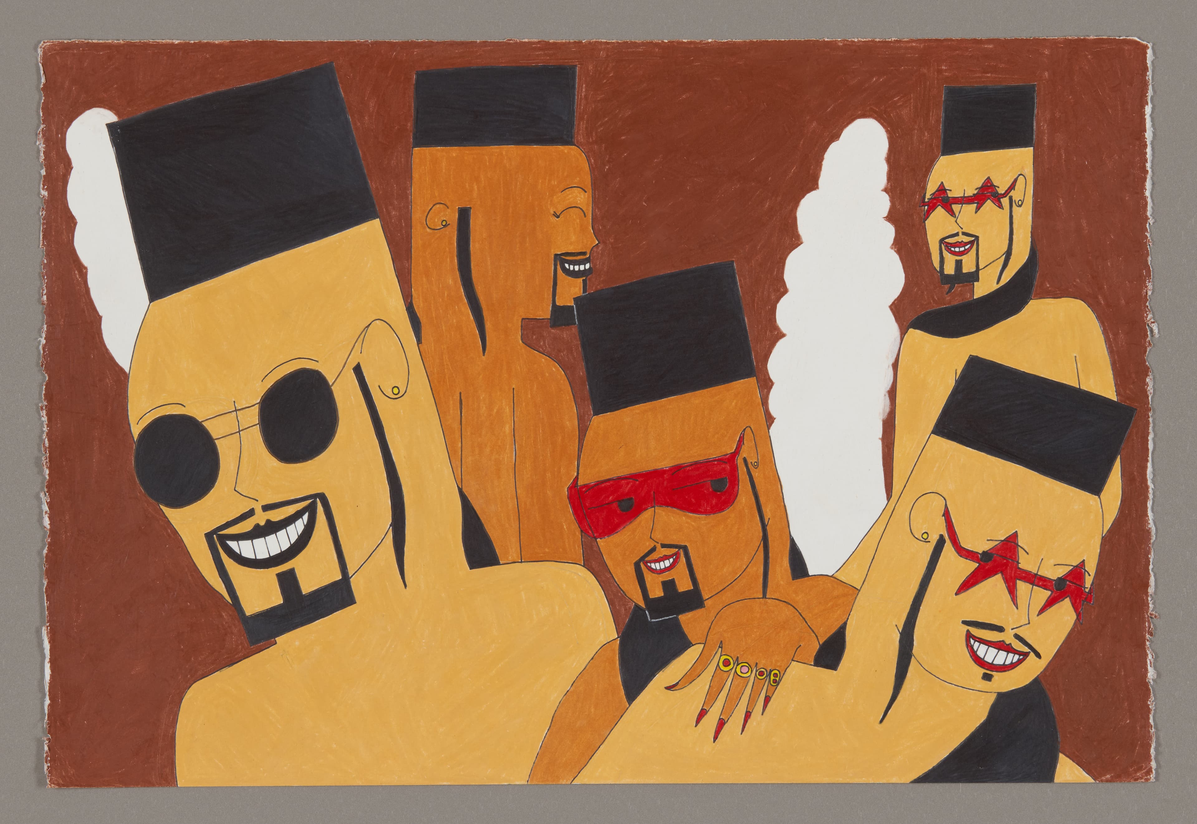 Stylized drawing of five figures with geometric faces wearing black hats, rendered in yellow, orange, and red tones