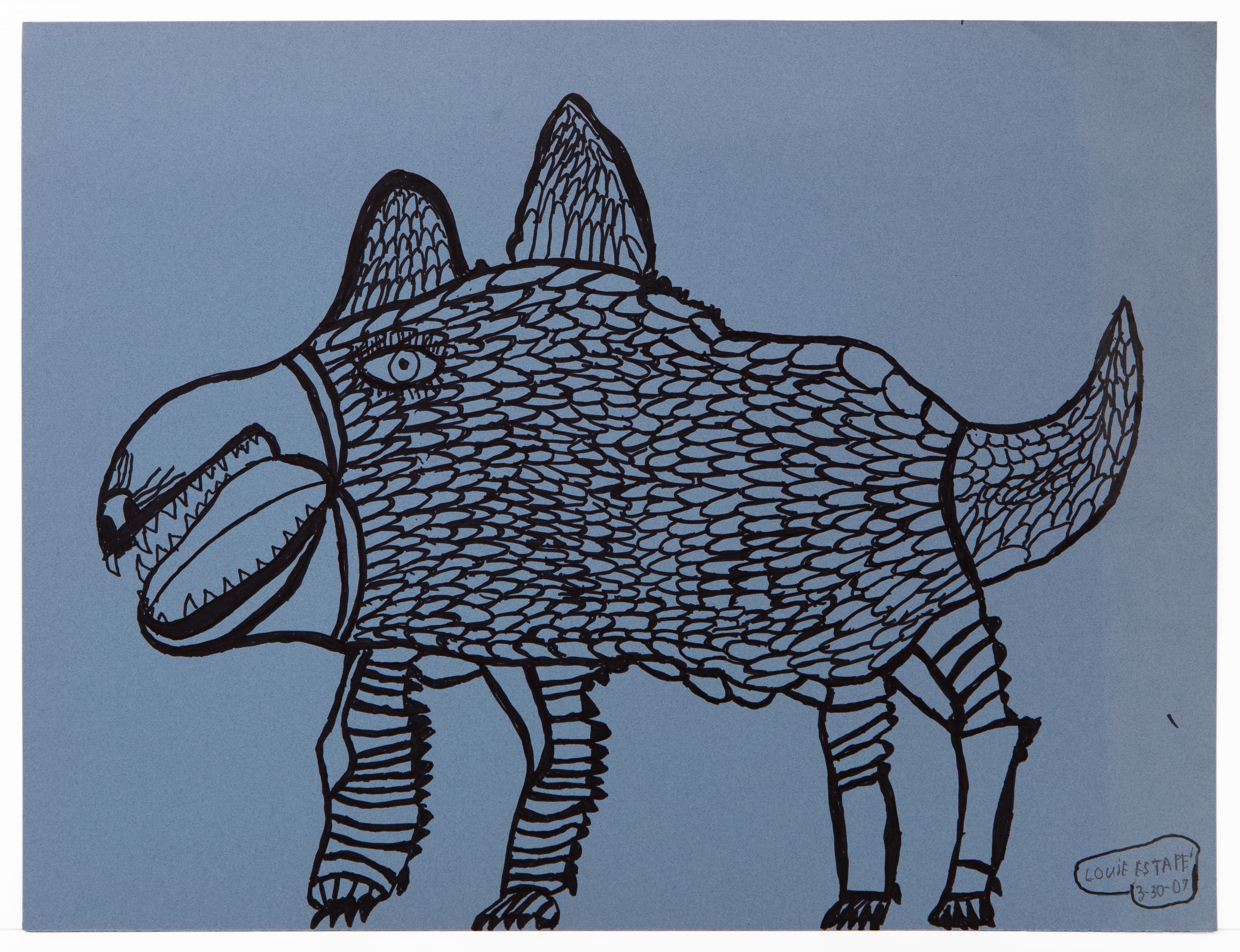 Drawing of a fantastical creature with fish-like scales, sharp teeth, and four legs on blue-gray paper