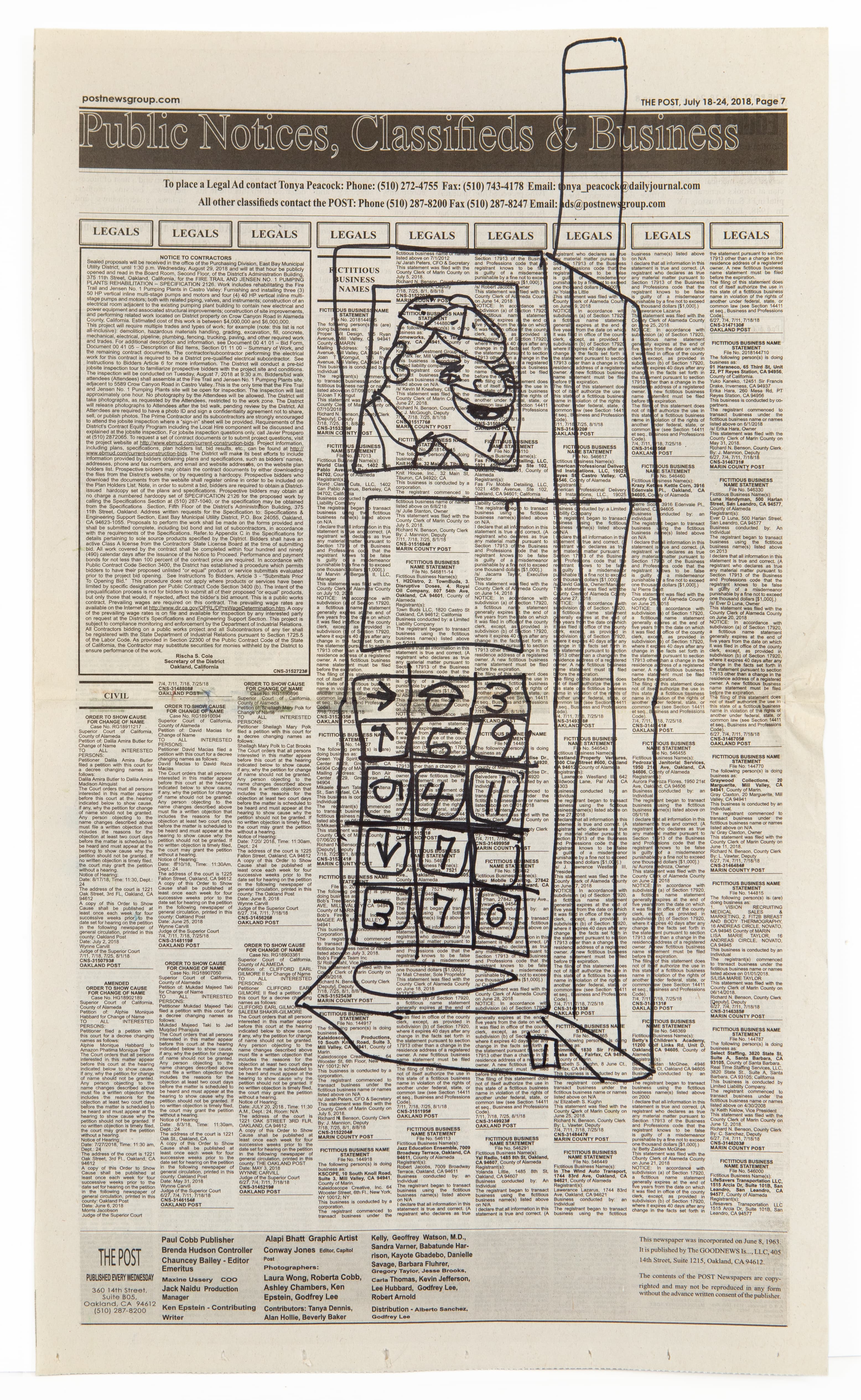 Ink drawing of a rotary telephone on newspaper classifieds page, showing face in display and numbered keypad