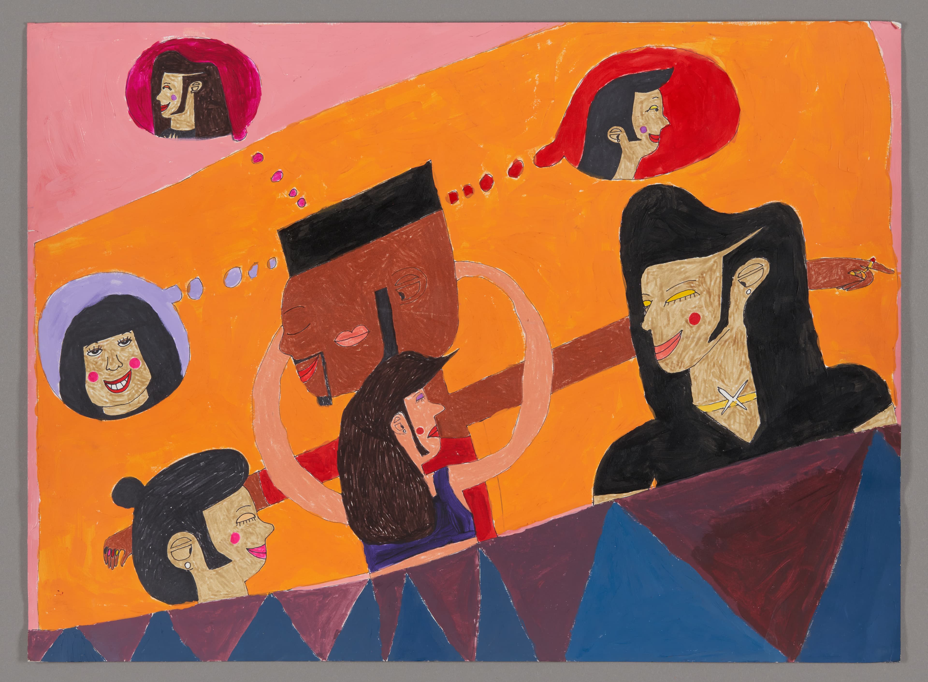 Mixed media drawing with multiple portrait heads in circular frames against orange background with geometric shapes