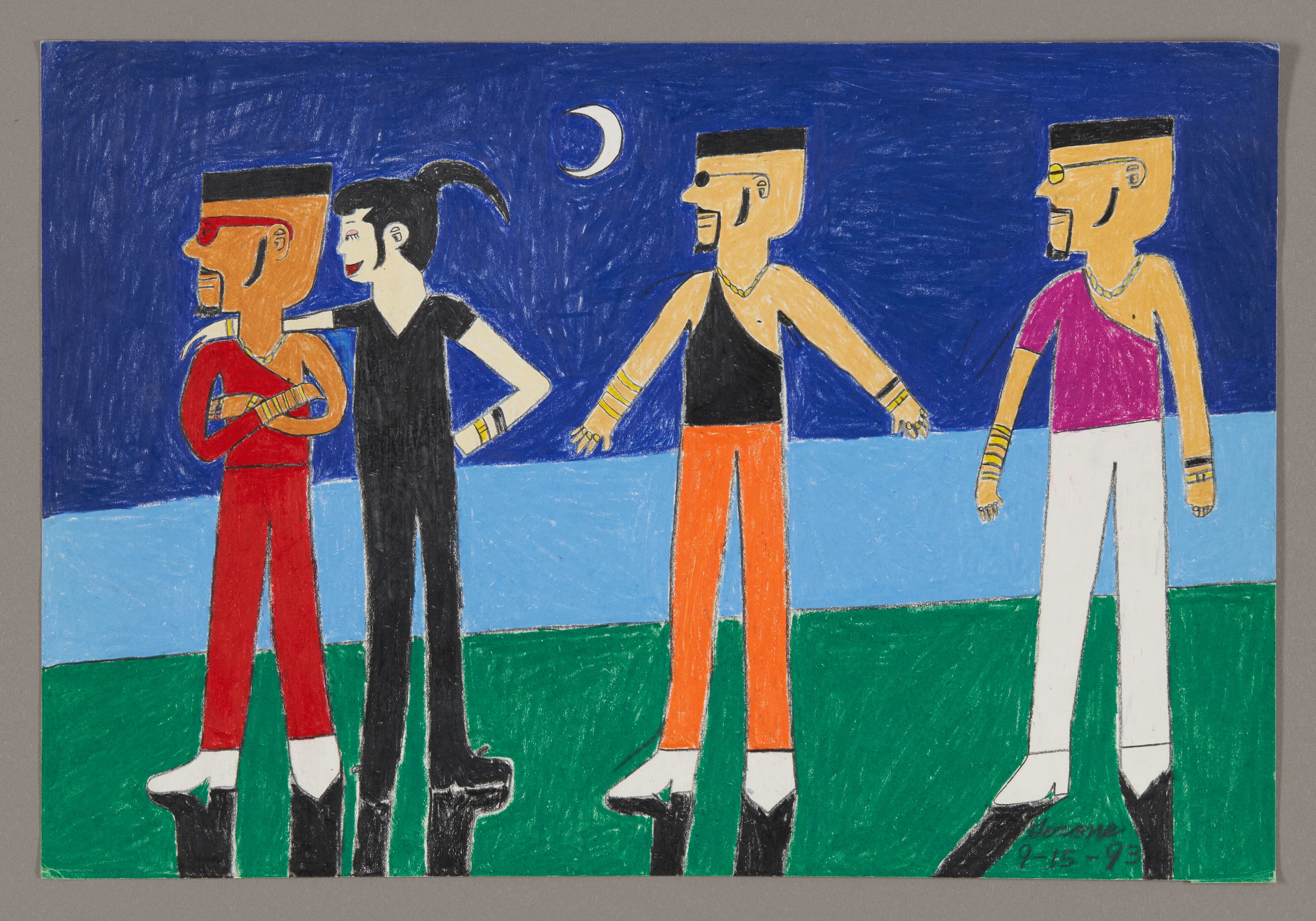 Drawing of four standing figures in colorful clothing against blue sky with crescent moon, created with colored pencil and ink