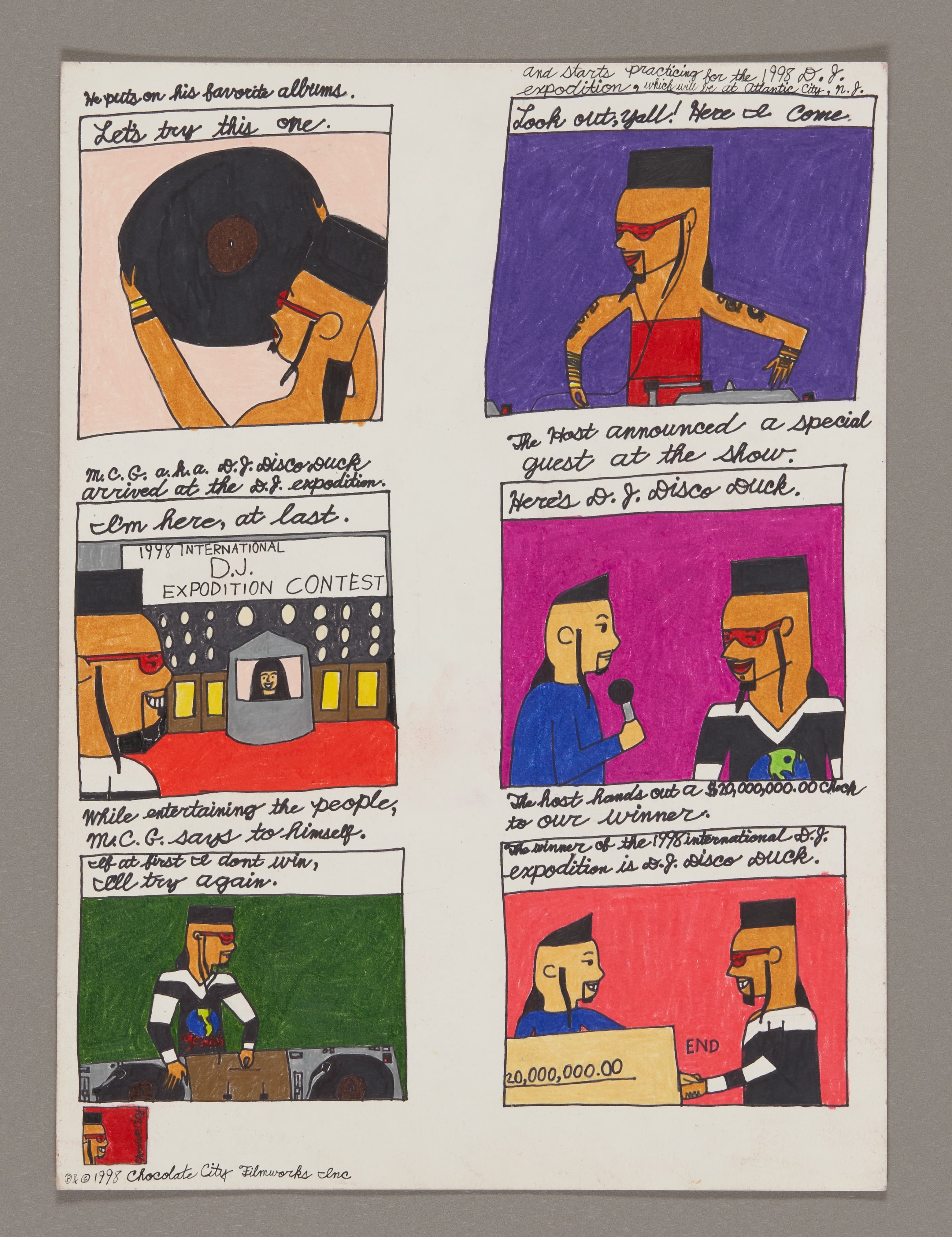 Comic strip drawing with 6 panels showing DJ characters and music scenes, colored pencil and ink on paper