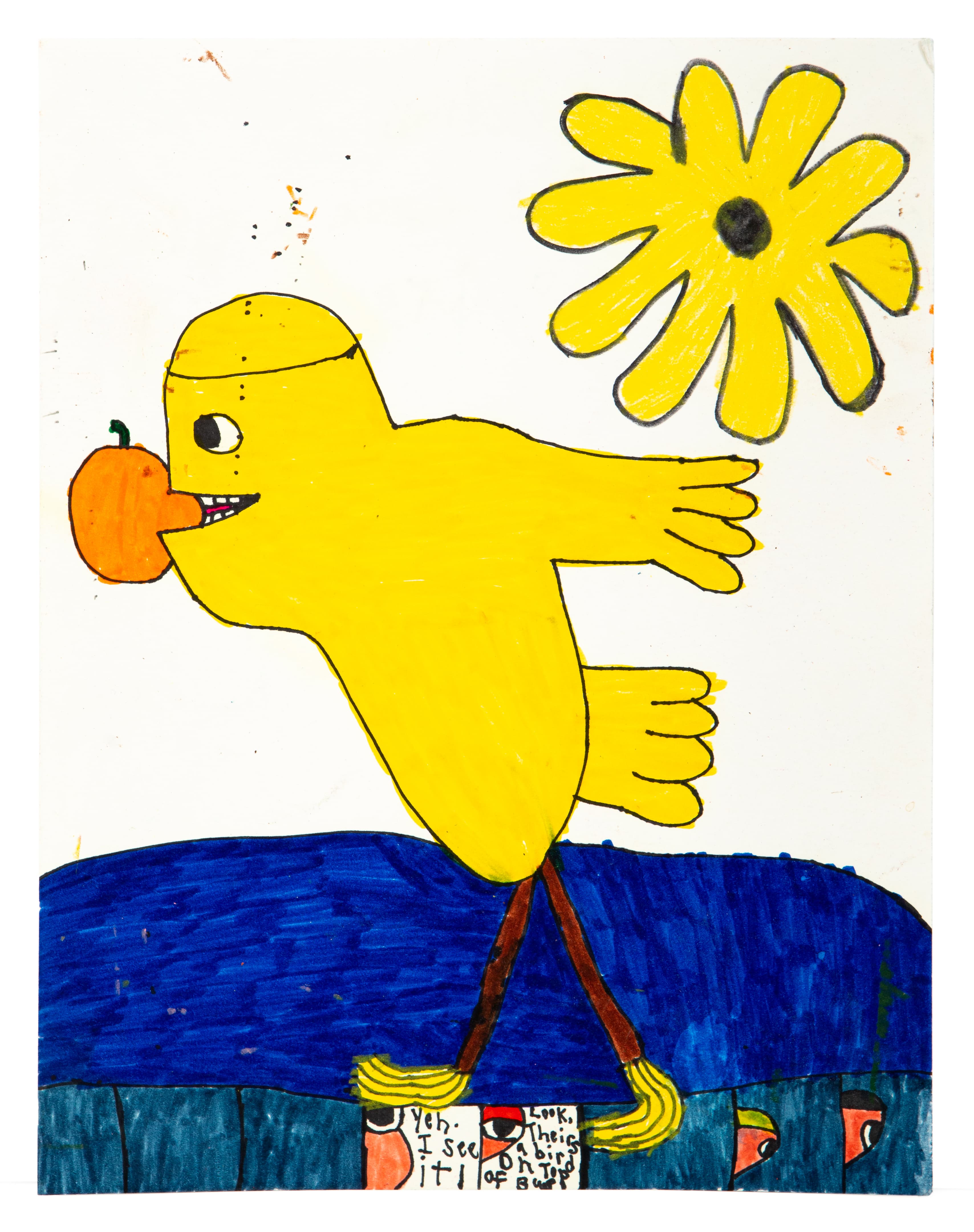 Drawing of yellow bird with orange object in beak, standing on blue surface with flower above, ink on paper