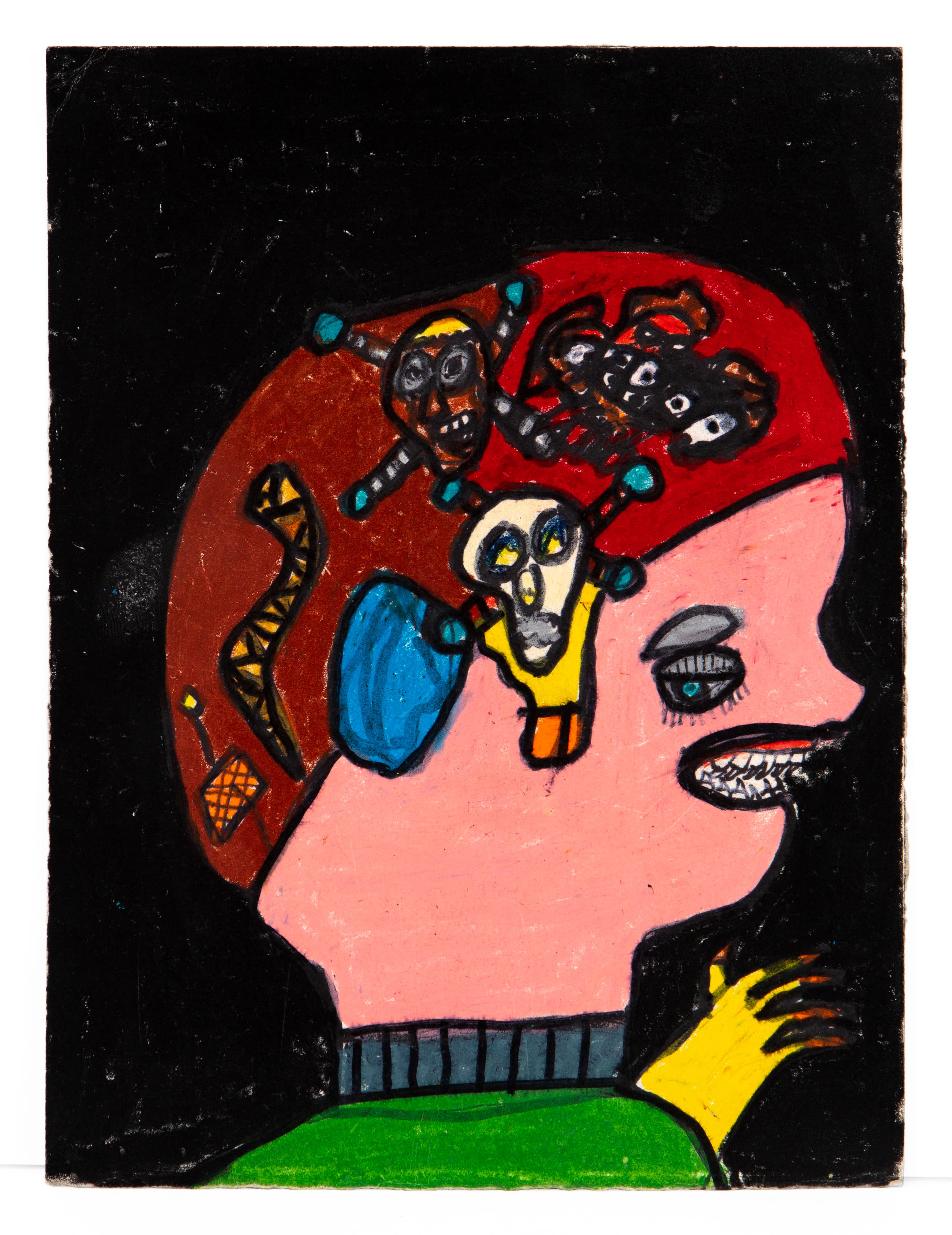 Mixed media portrait of figure in profile with red hair featuring skull imagery and colorful details on black background