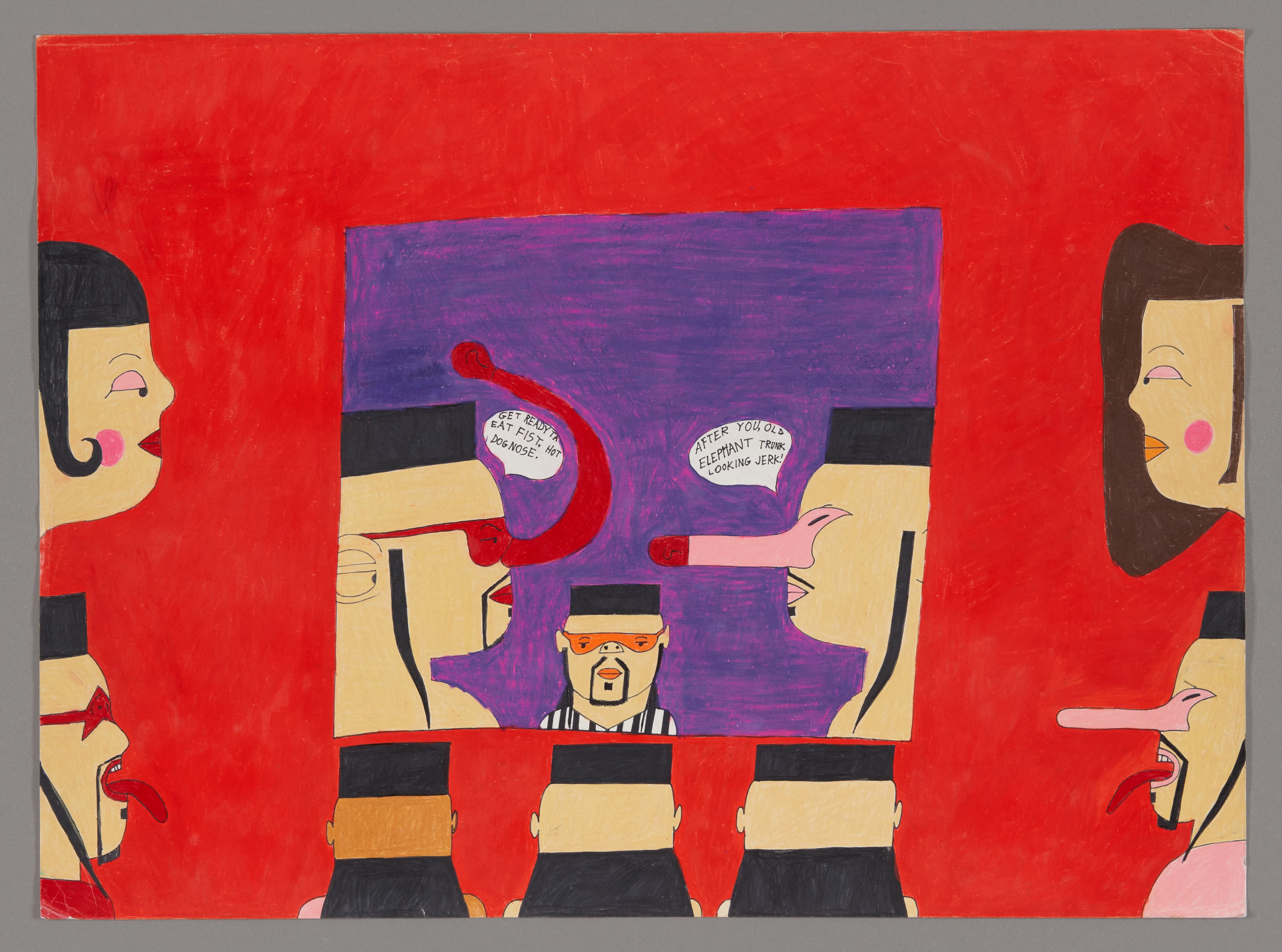 Painting with multiple faces in profile and frontal view, red background with purple center, depicting conversation scene