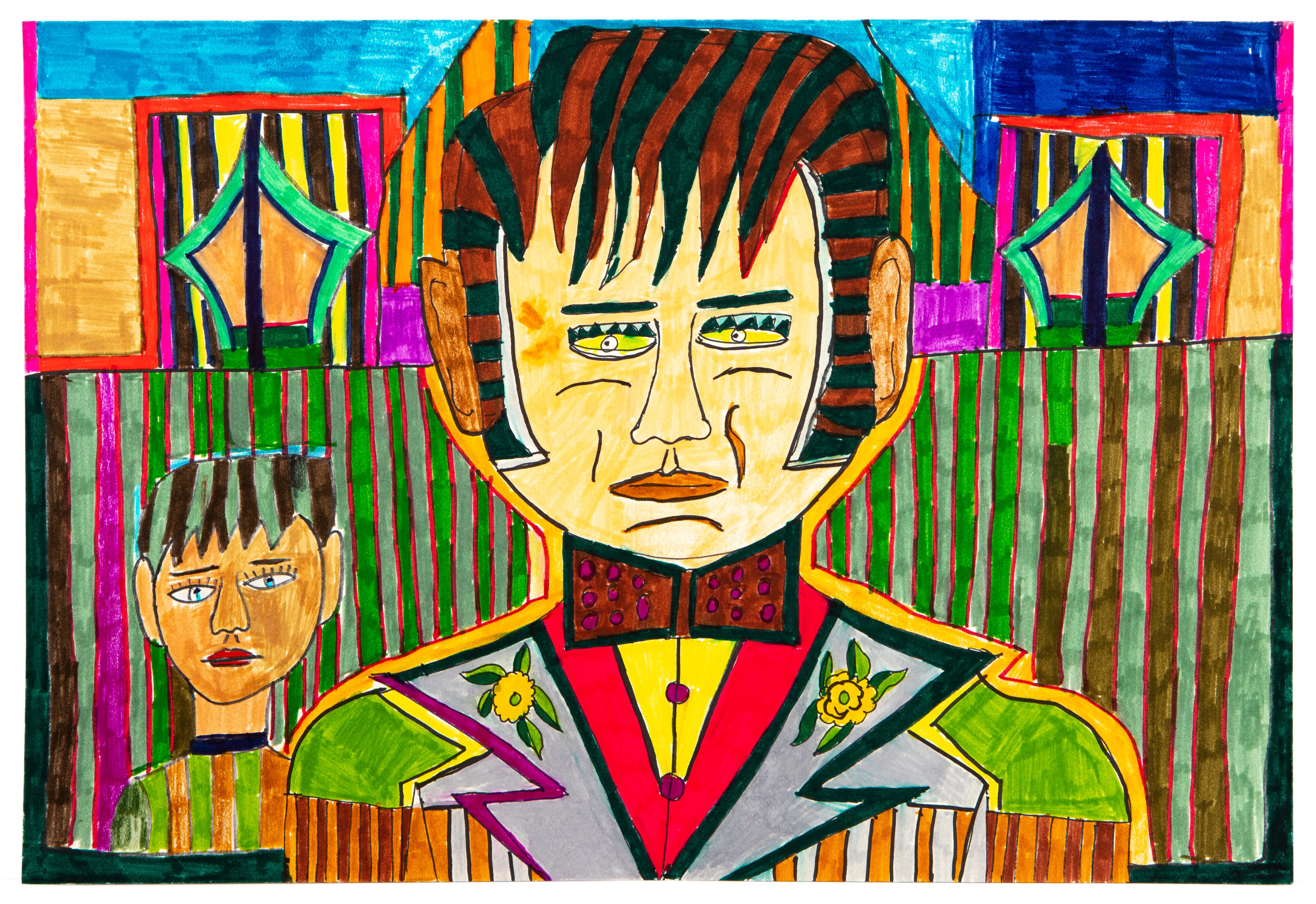Colorful drawing of two figures in ornate military-style uniforms with decorative background patterns in marker and colored pencil
