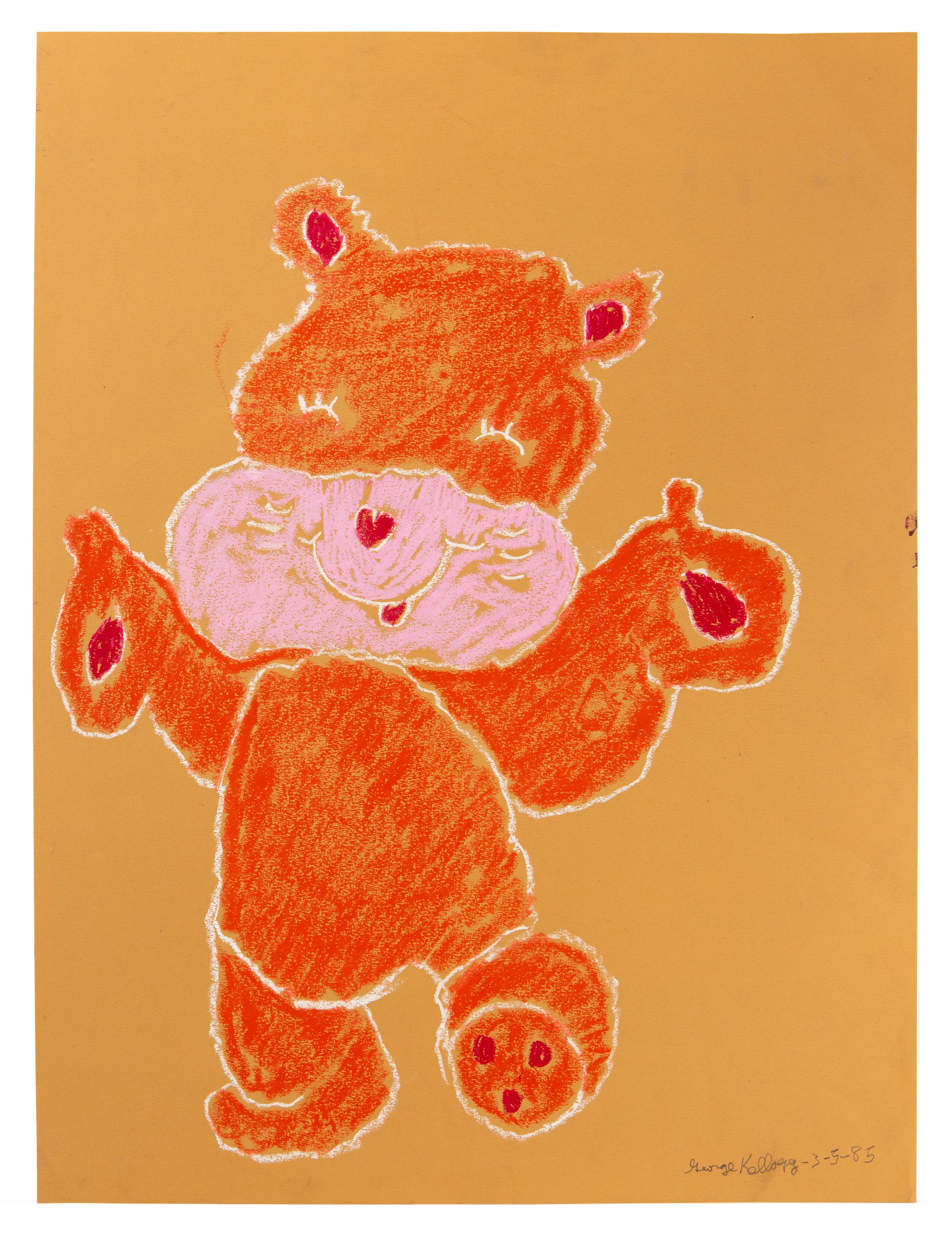 Pastel drawing of orange teddy bear with pink belly on tan paper