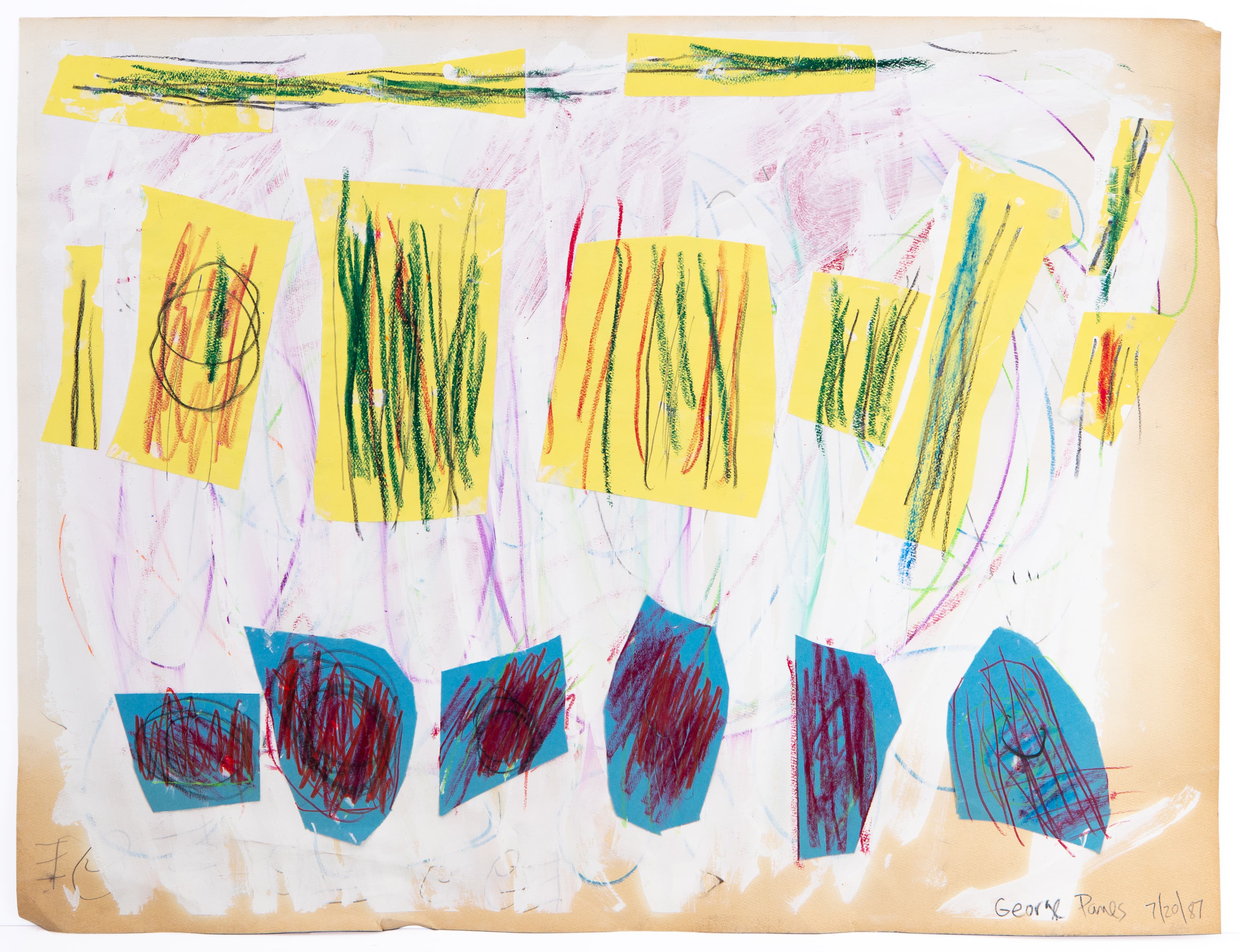 Mixed media drawing with yellow and blue rectangular shapes containing colorful scribbled marks on white paper