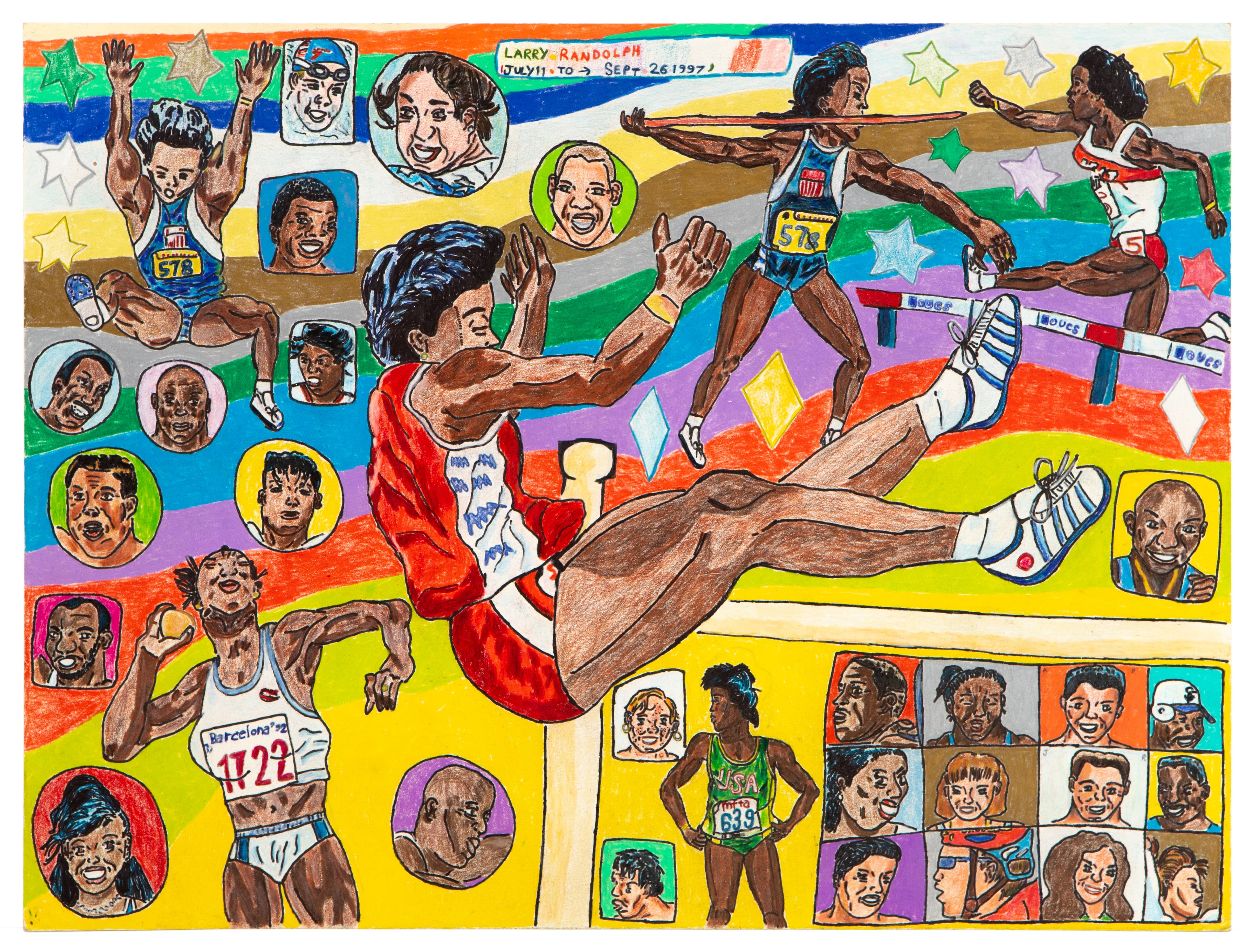 Mixed media drawing of athletes in motion with portrait grid, featuring jumping and running figures in vibrant colors
