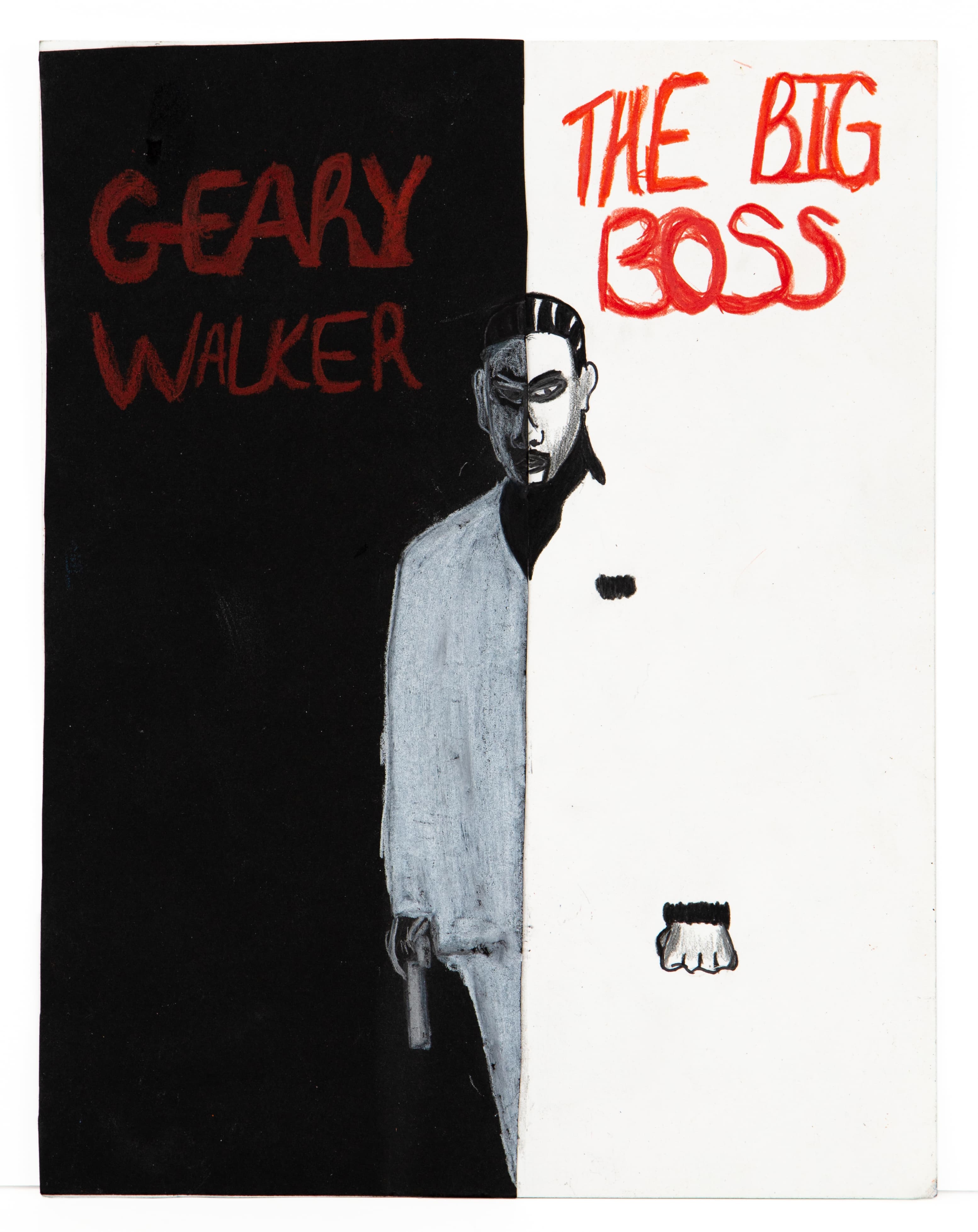 Drawing of a figure in gray suit with text 'GEARY WALKER' and 'THE BIG BOSS' in red lettering on black and white background