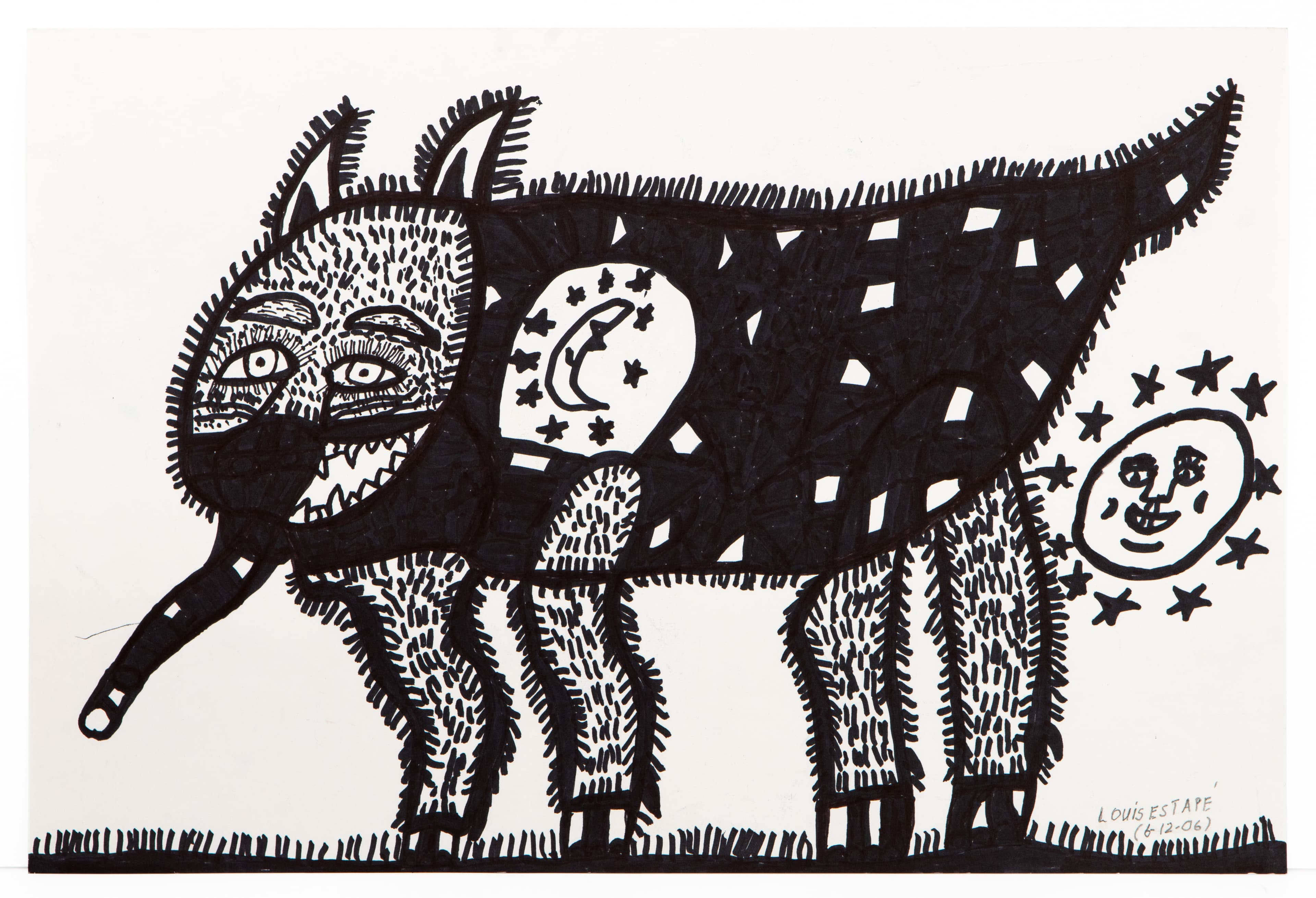 Black ink drawing of fantastical creature with horned head, spotted body, and multiple legs on white paper
