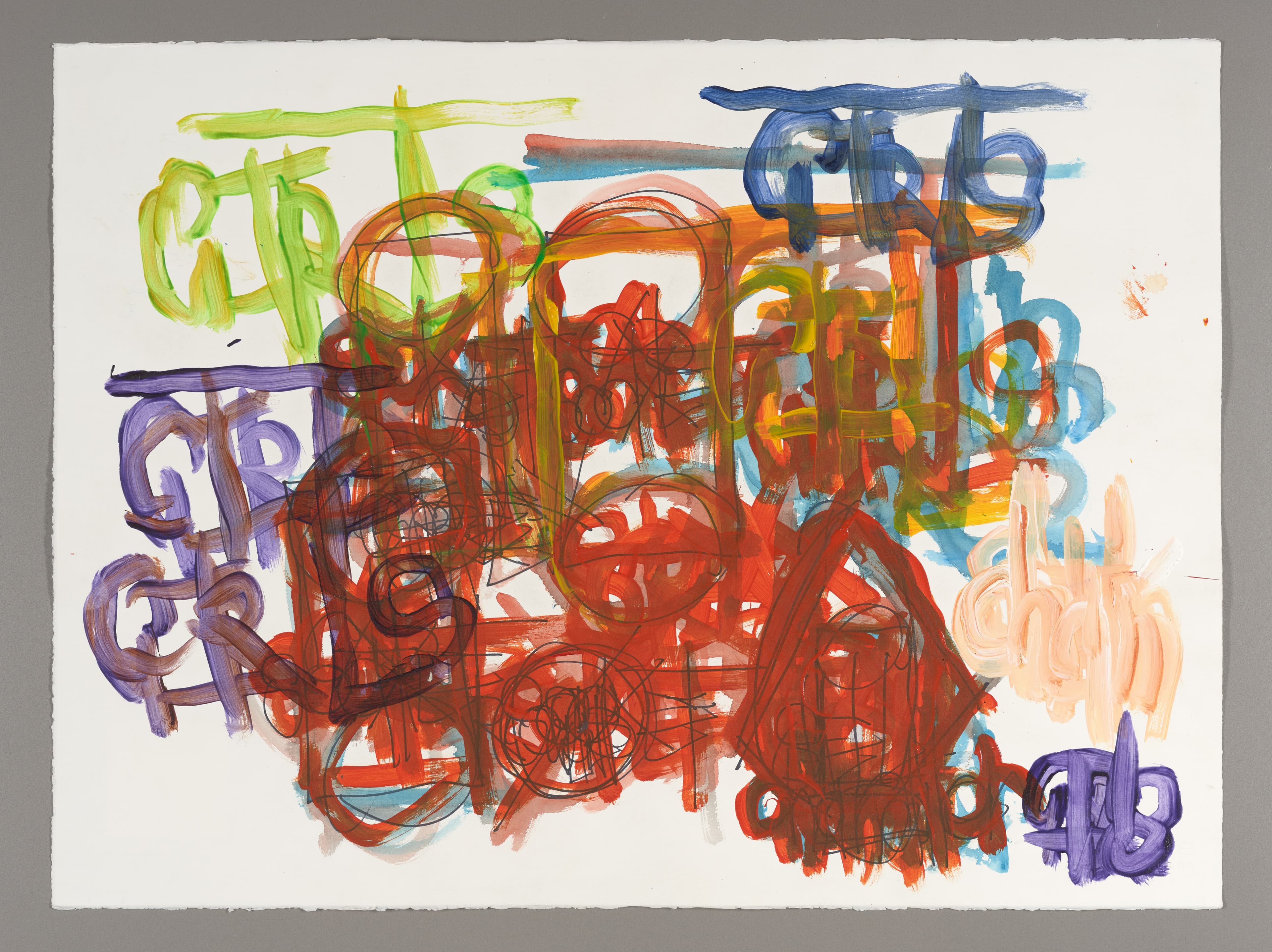 Mixed media drawing with colorful overlapping text-like forms and scribbled marks on white paper