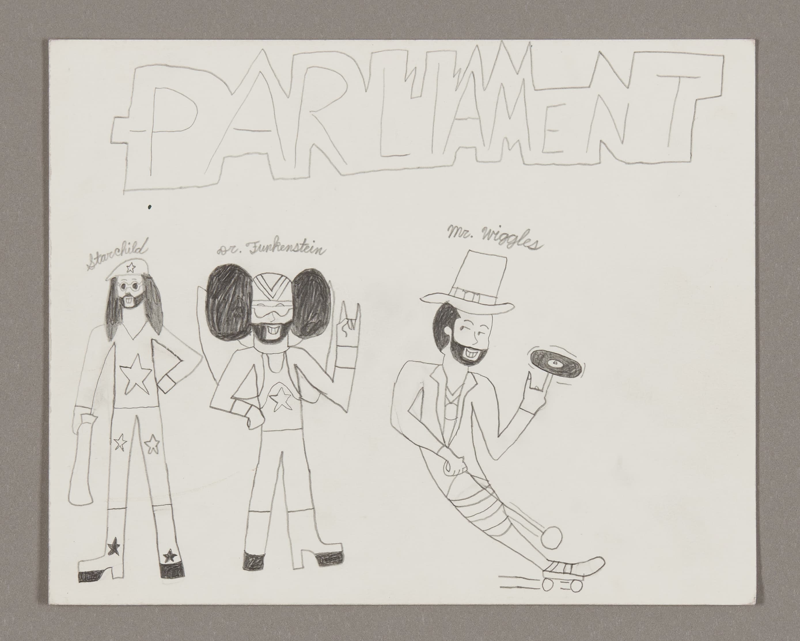 Pencil drawing titled 'Parliament' showing three stylized figures on white paper