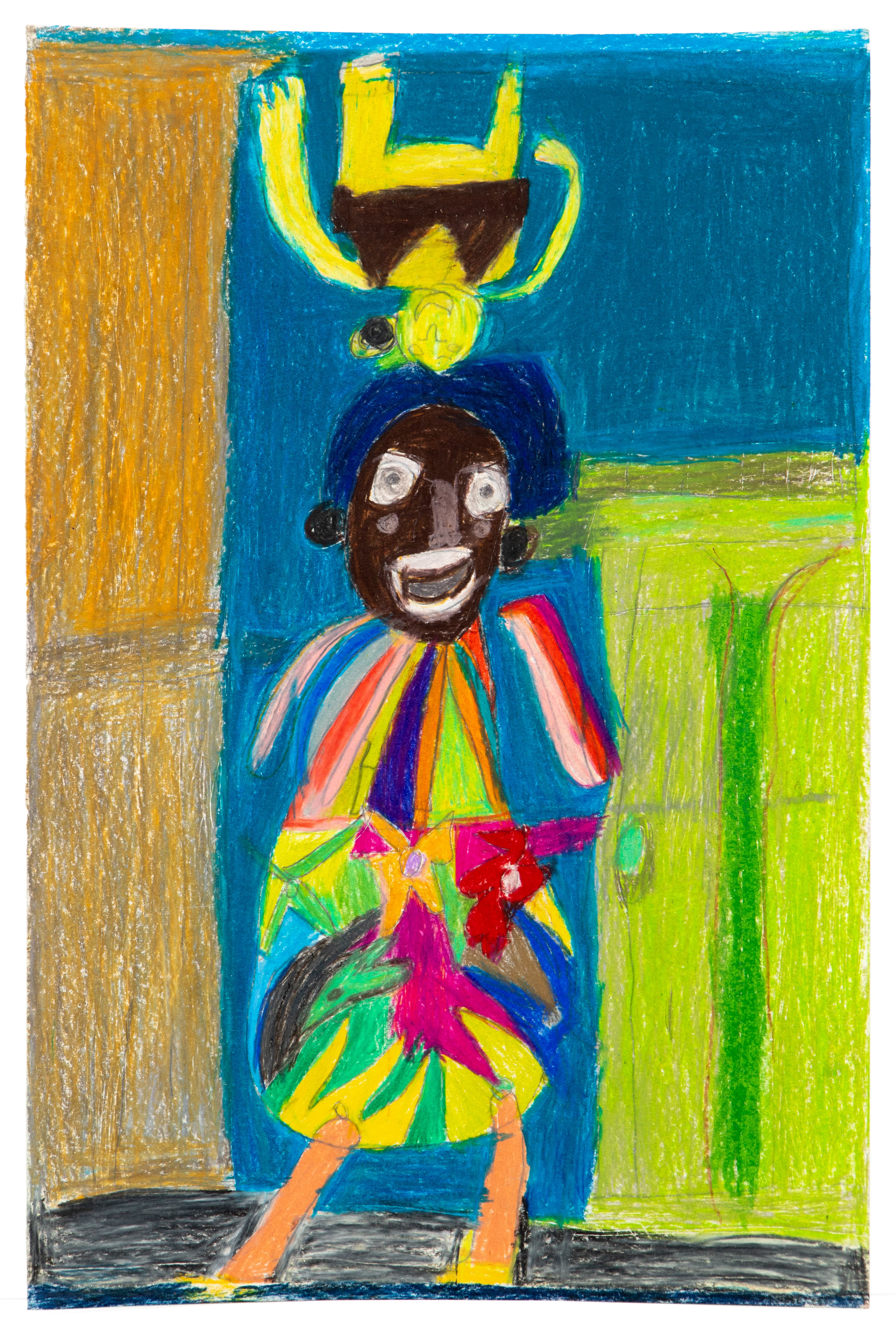 Colored pencil drawing of a figure with raised arms holding a yellow trophy, wearing colorful striped clothing