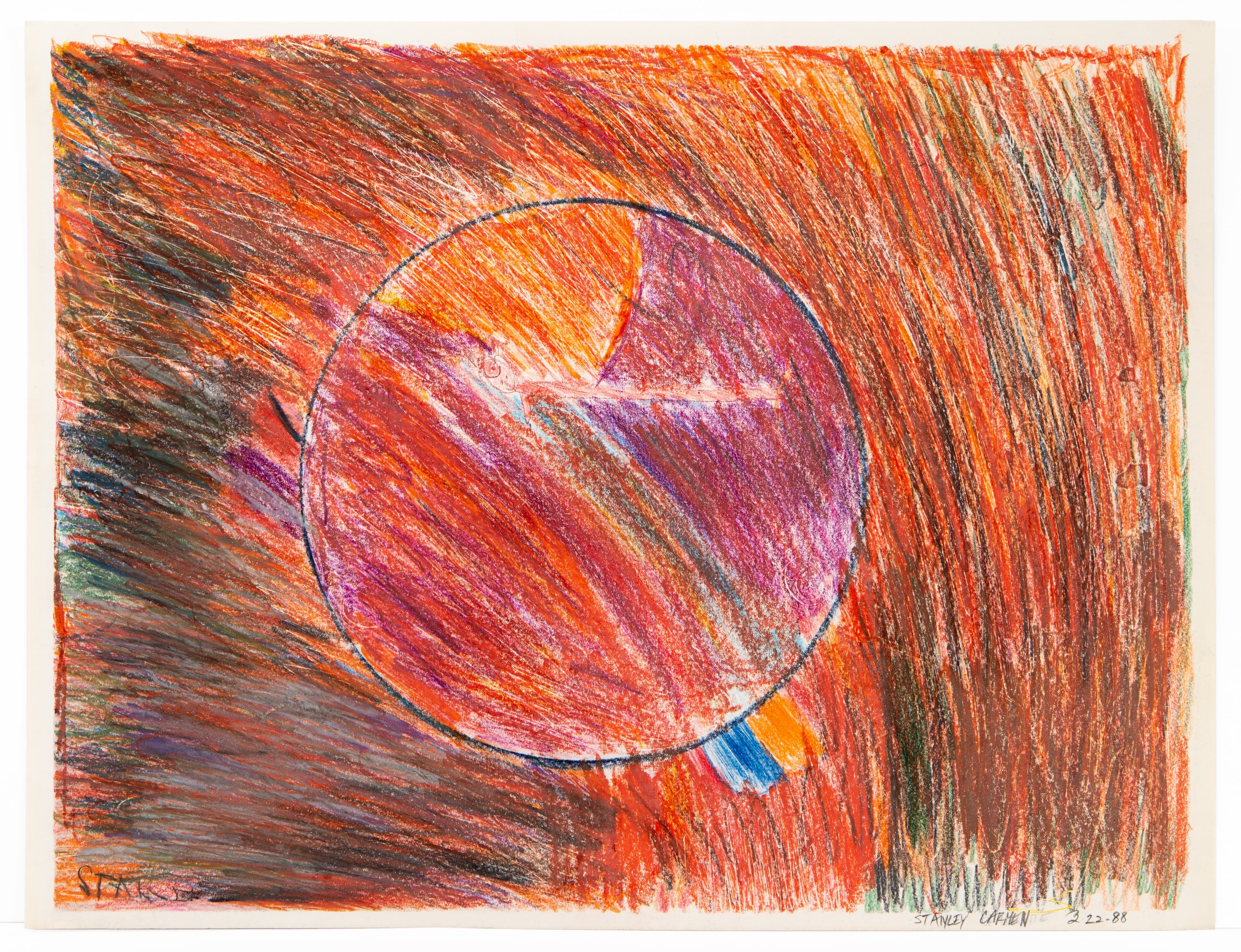 Colored pencil drawing with central circle containing orange and purple forms surrounded by radiating orange strokes