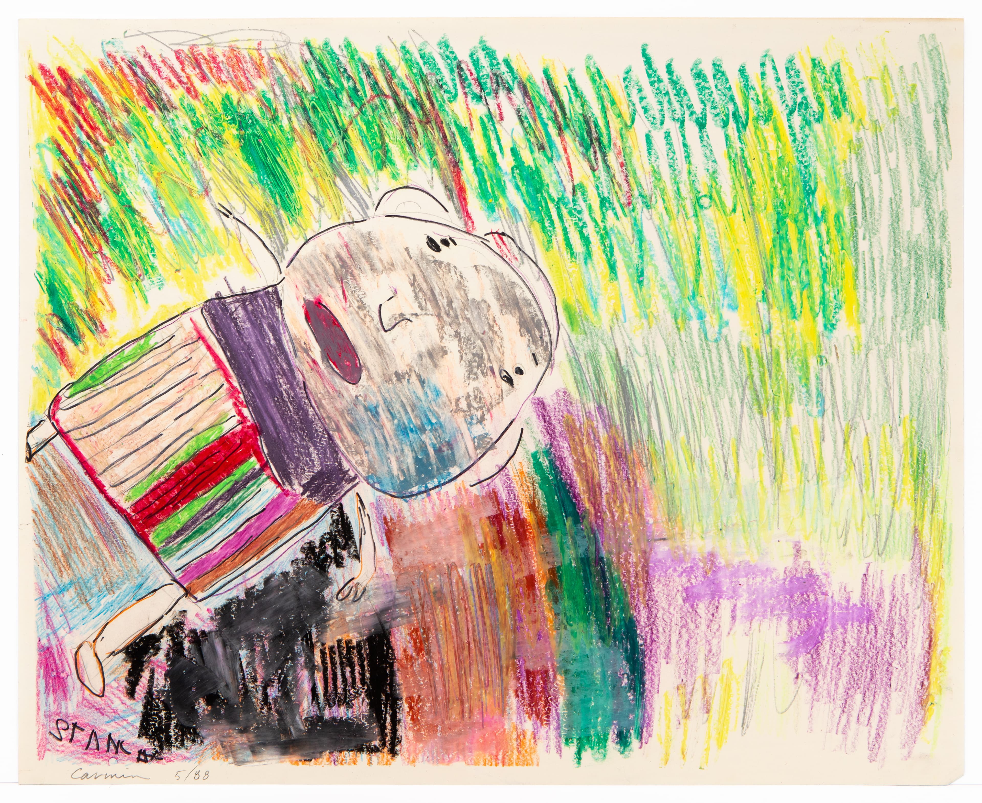 Mixed media drawing of a figure playing accordion with vibrant colored pencil background in greens, yellows, and purples