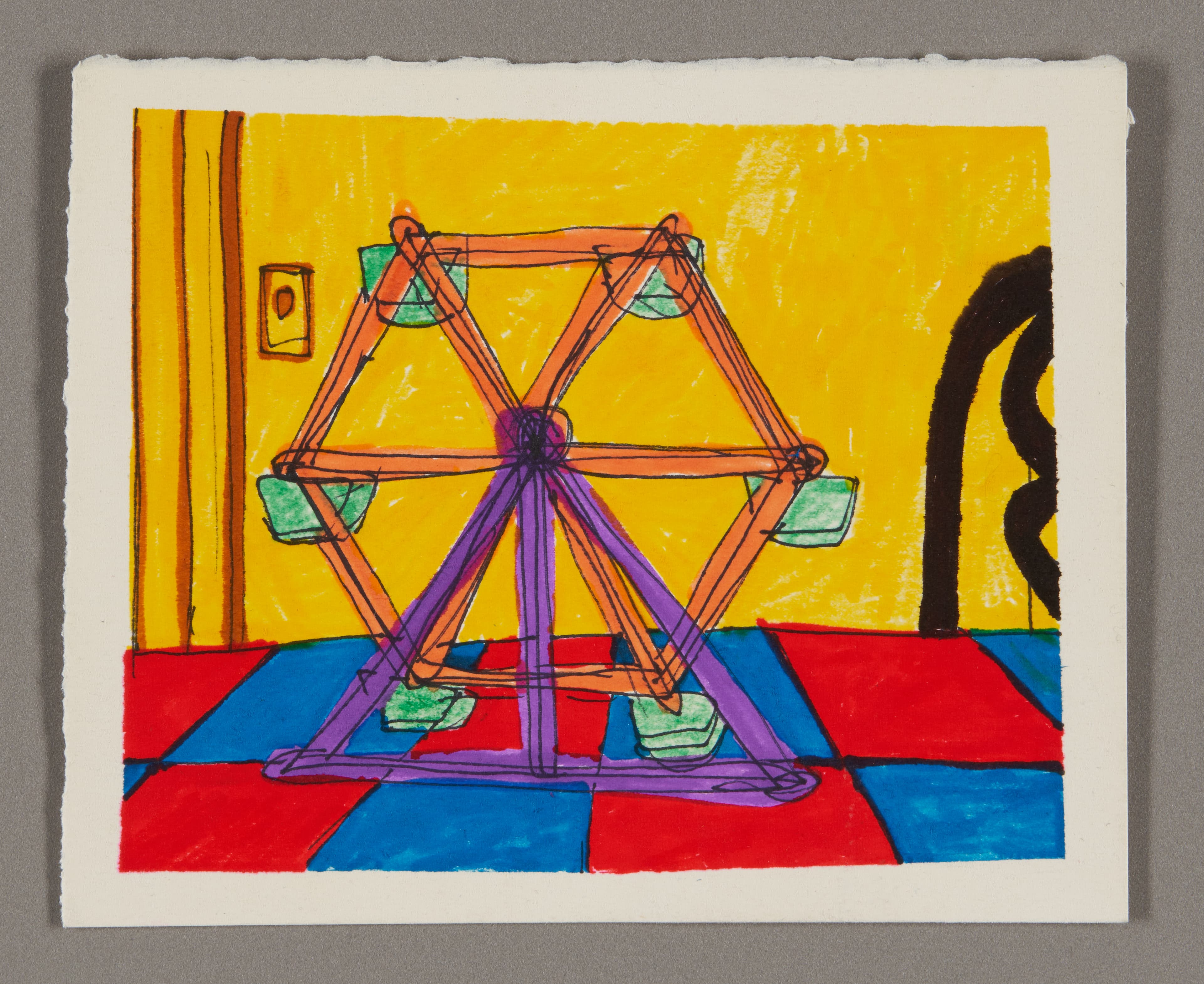 Drawing of orange ferris wheel with green gondolas on red and blue checkered floor, yellow background, marker on paper