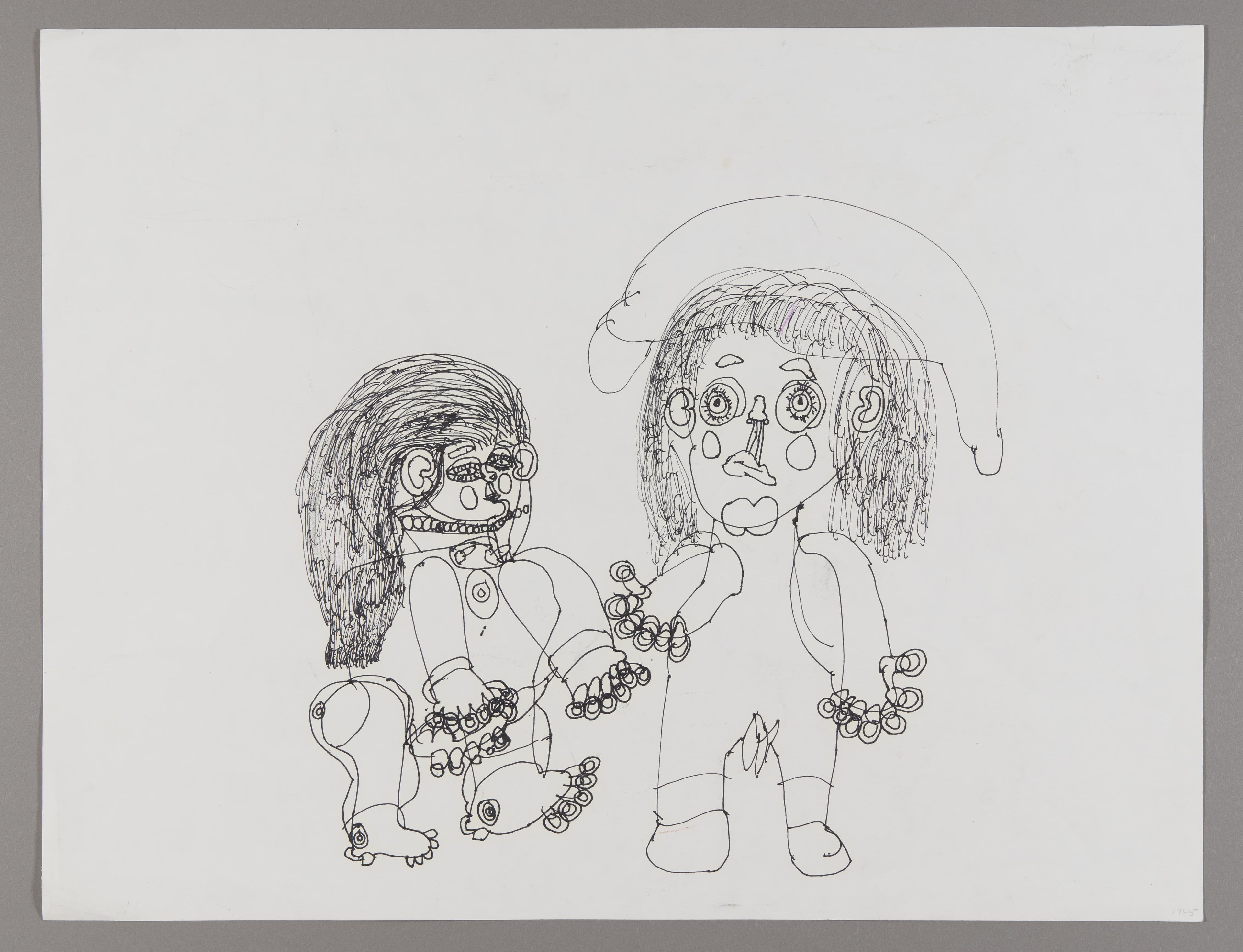Ink and graphite drawing of two stylized figures with exaggerated features and decorative elements on paper