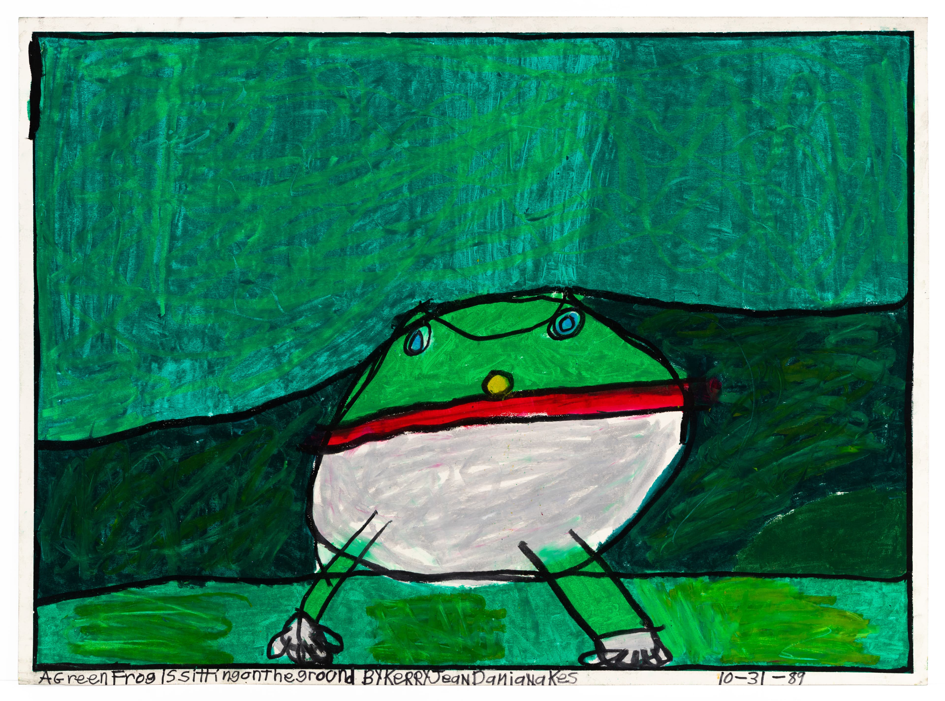 Drawing of a green frog with red mouth sitting on ground, pastel on paper by Kerry Damianakes