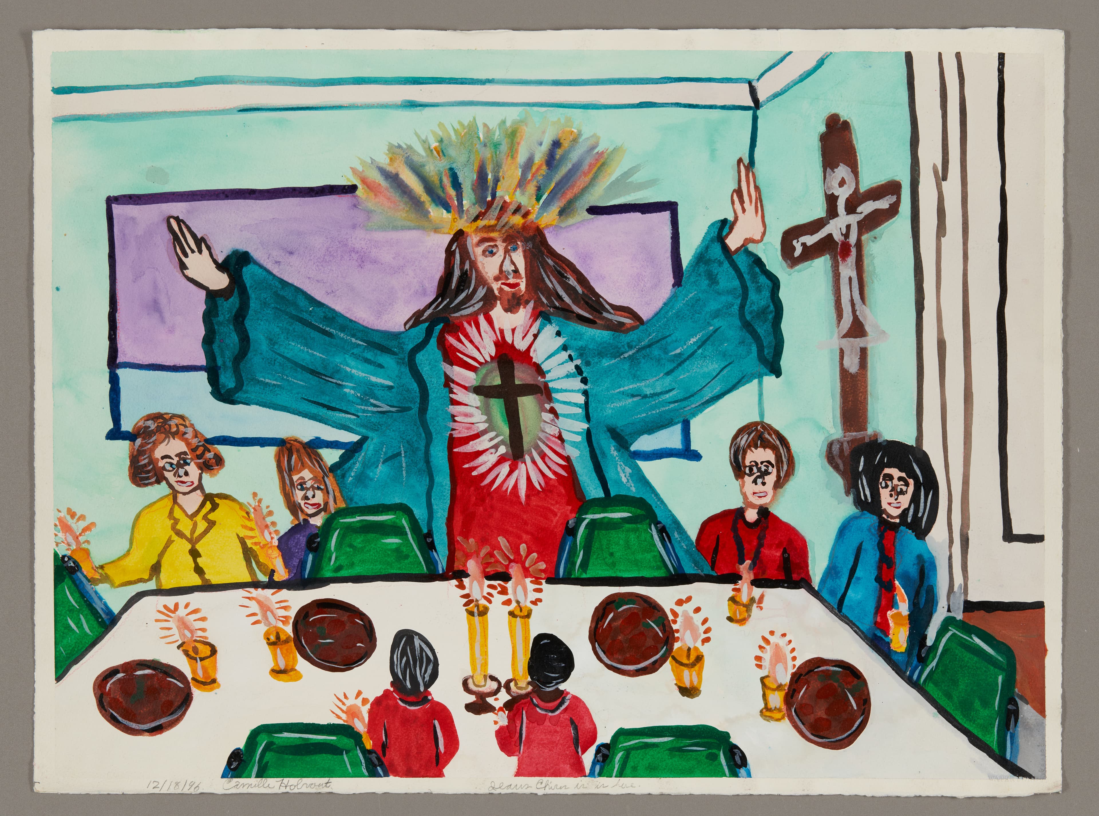 Watercolor painting depicting Jesus with outstretched arms at a dinner table surrounded by seated figures