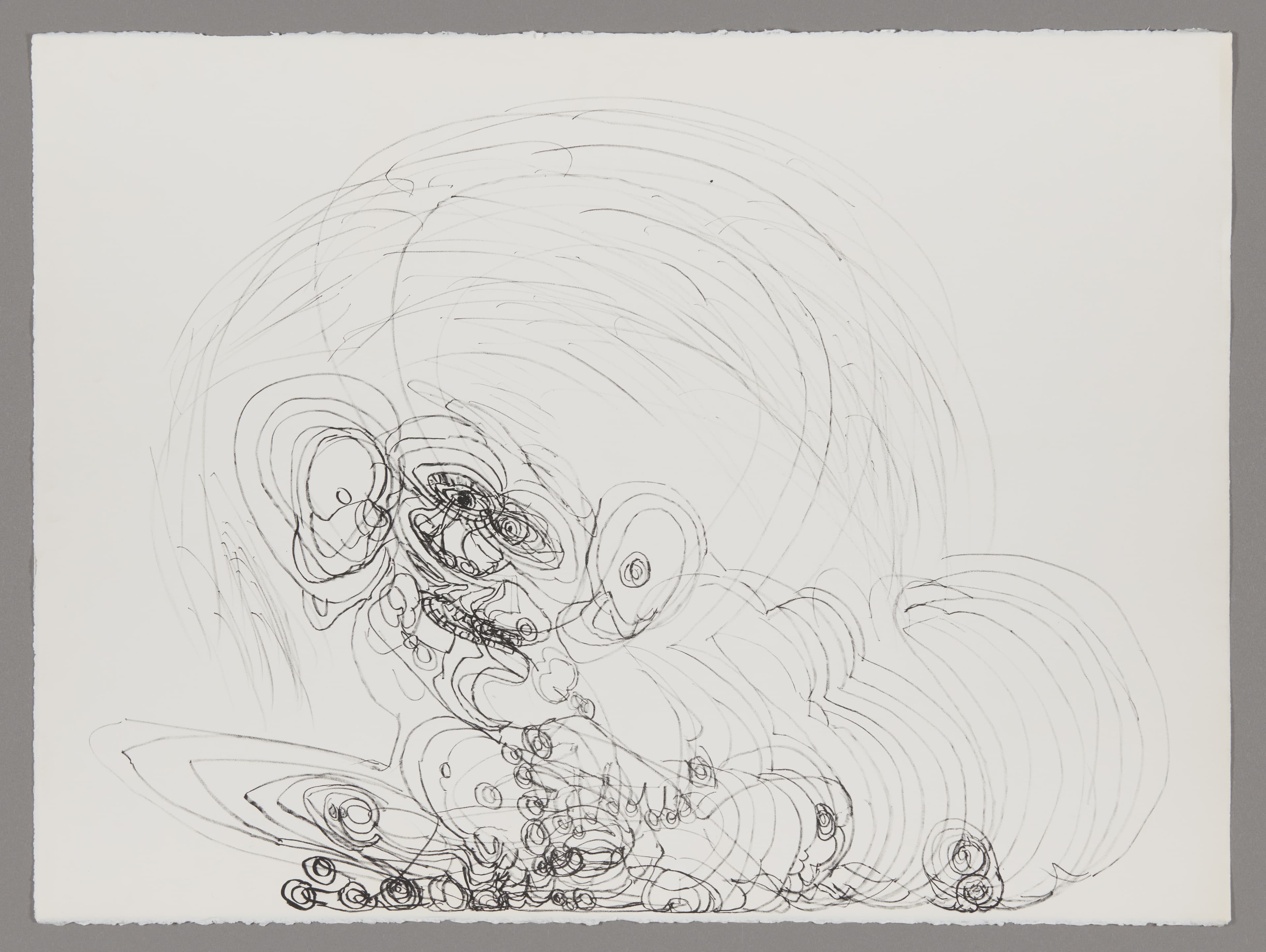 Ink drawing of a skull-like face surrounded by swirling circular lines and organic forms on white paper