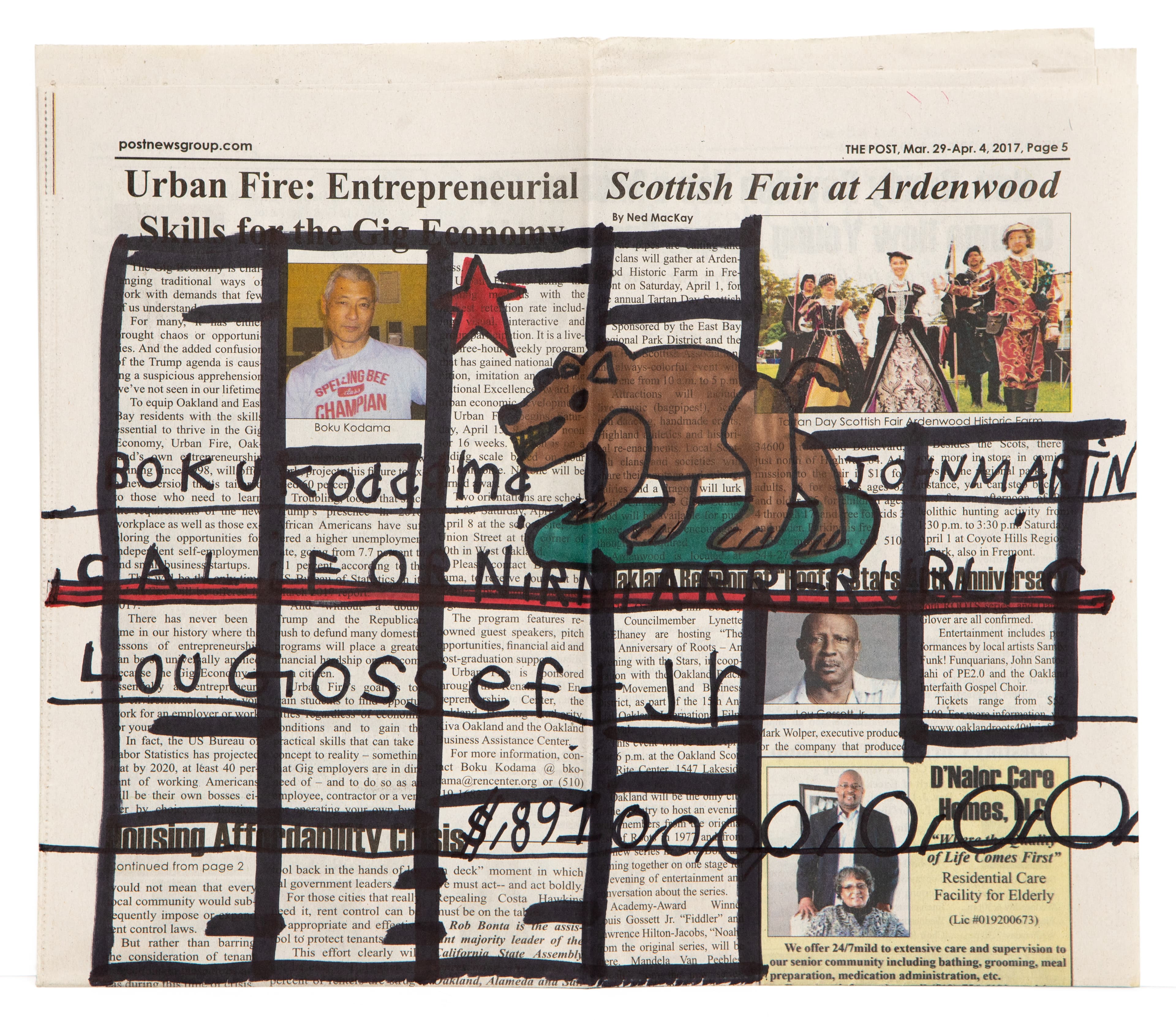 Mixed media artwork featuring brown dog figure on green ground, created with ink and marker on newspaper