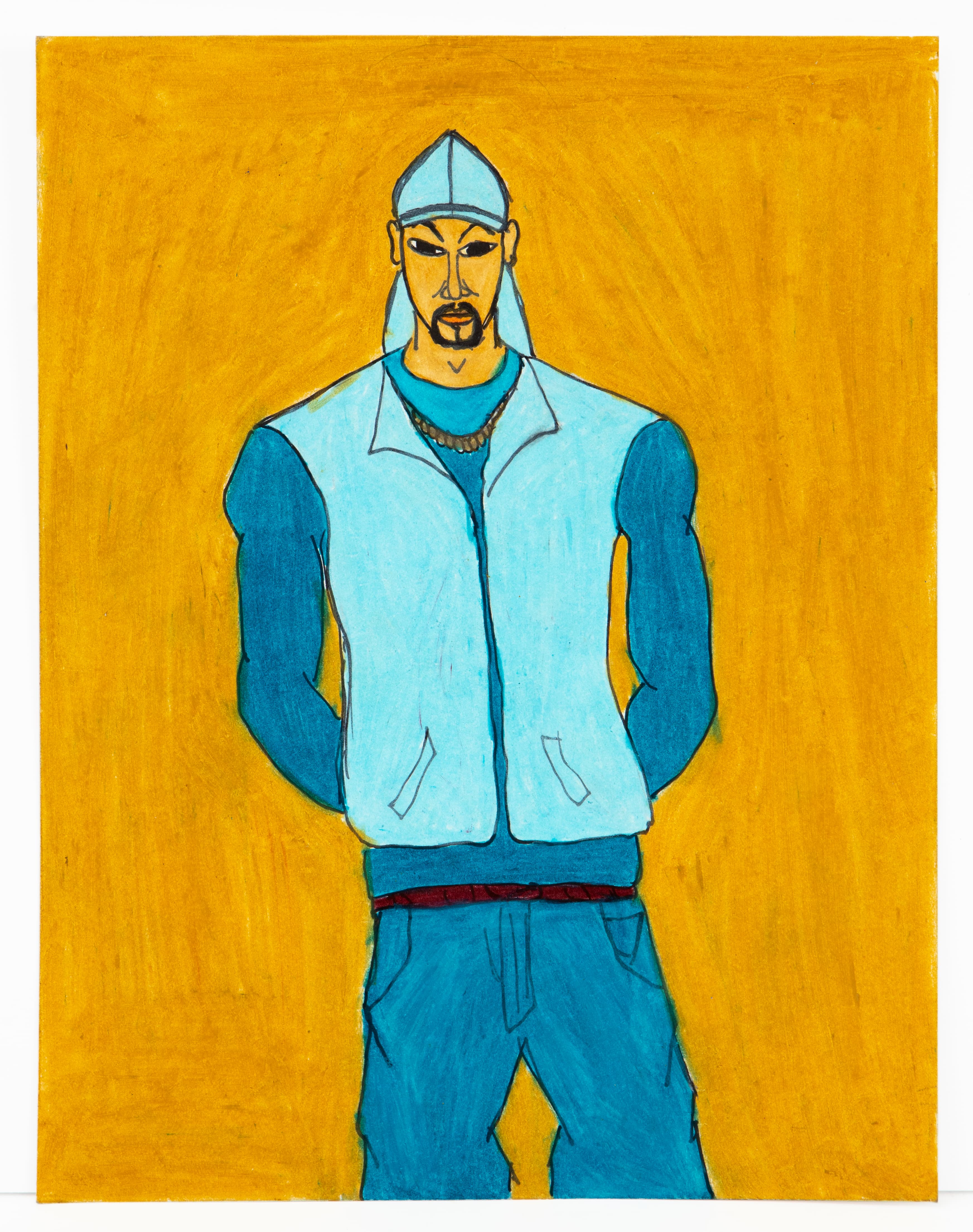 Portrait painting of a figure in blue tracksuit and cap against bright orange background