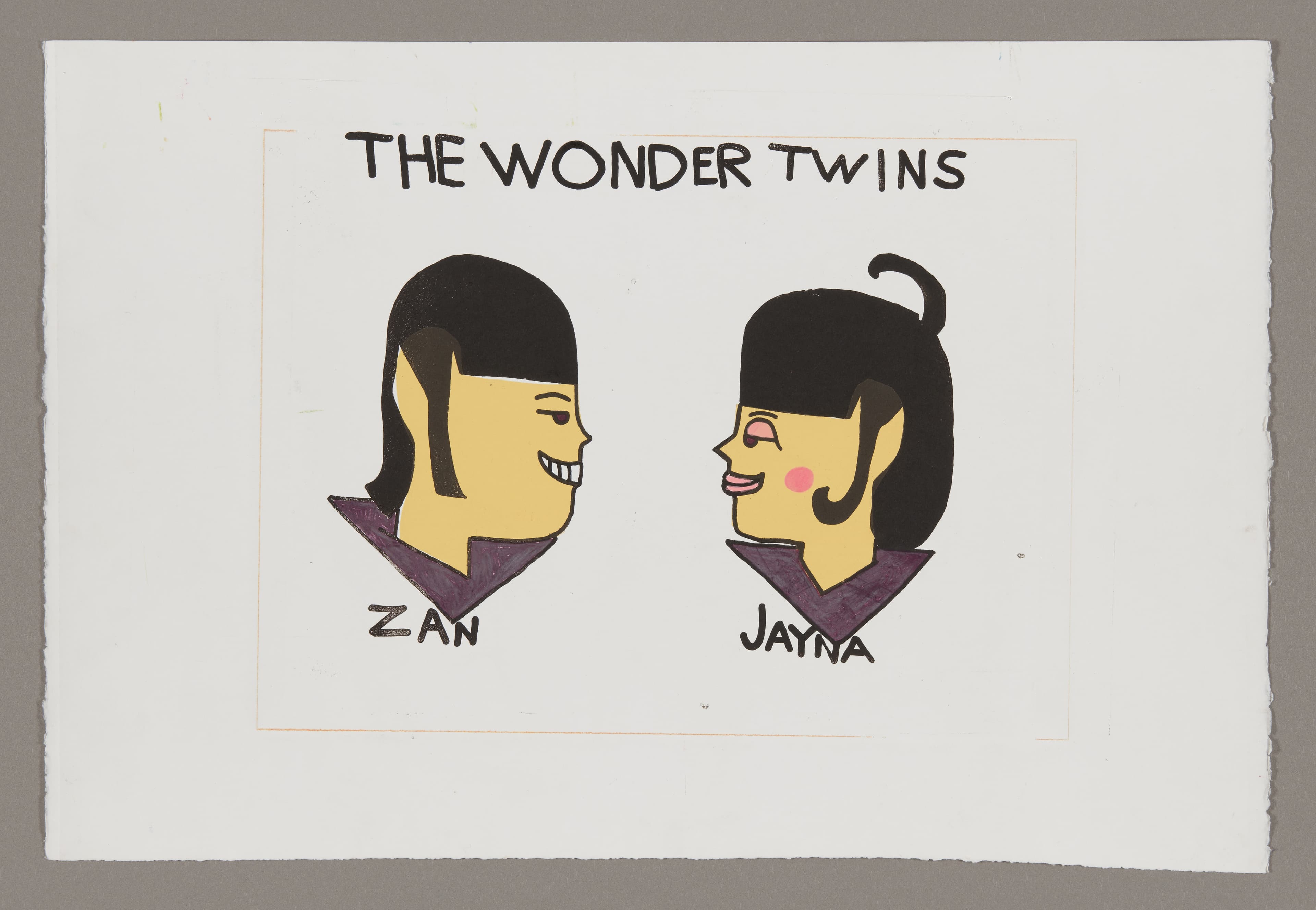 Drawing titled 'The Wonder Twins' showing two cartoon-style portraits with black hair and purple collars on white paper