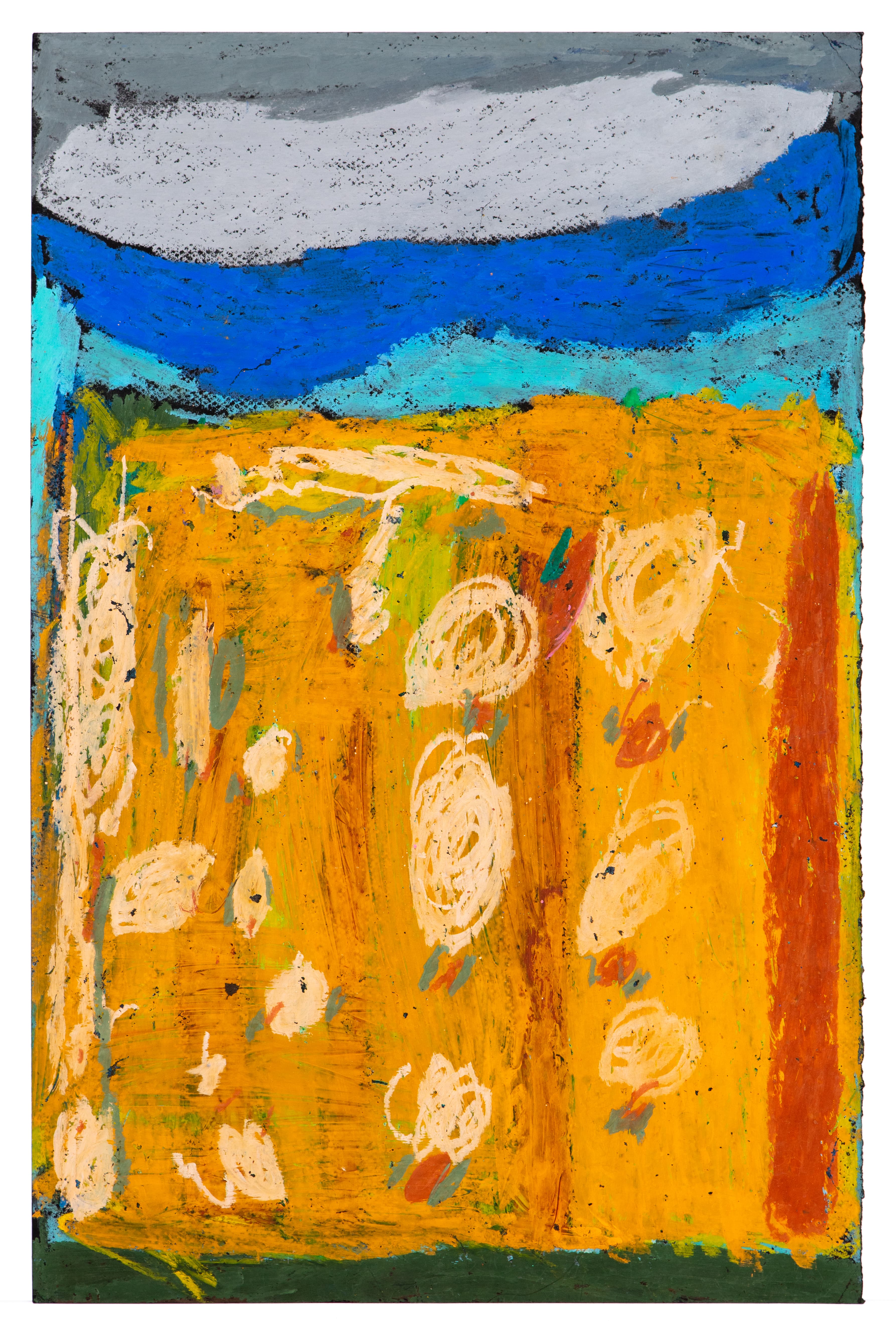 Abstract pastel drawing with orange foreground containing white circular forms and blue mountainous background