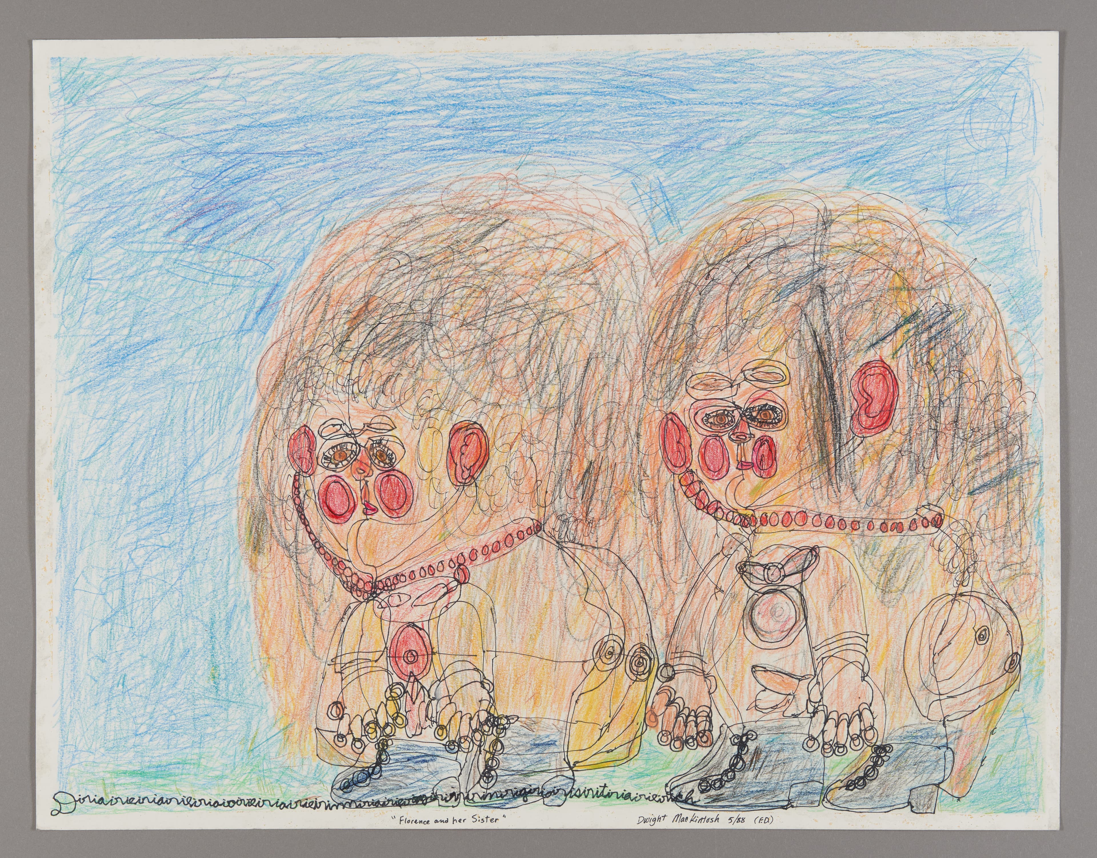 Colored pencil drawing of two figures with large brown hair and red facial features against blue background