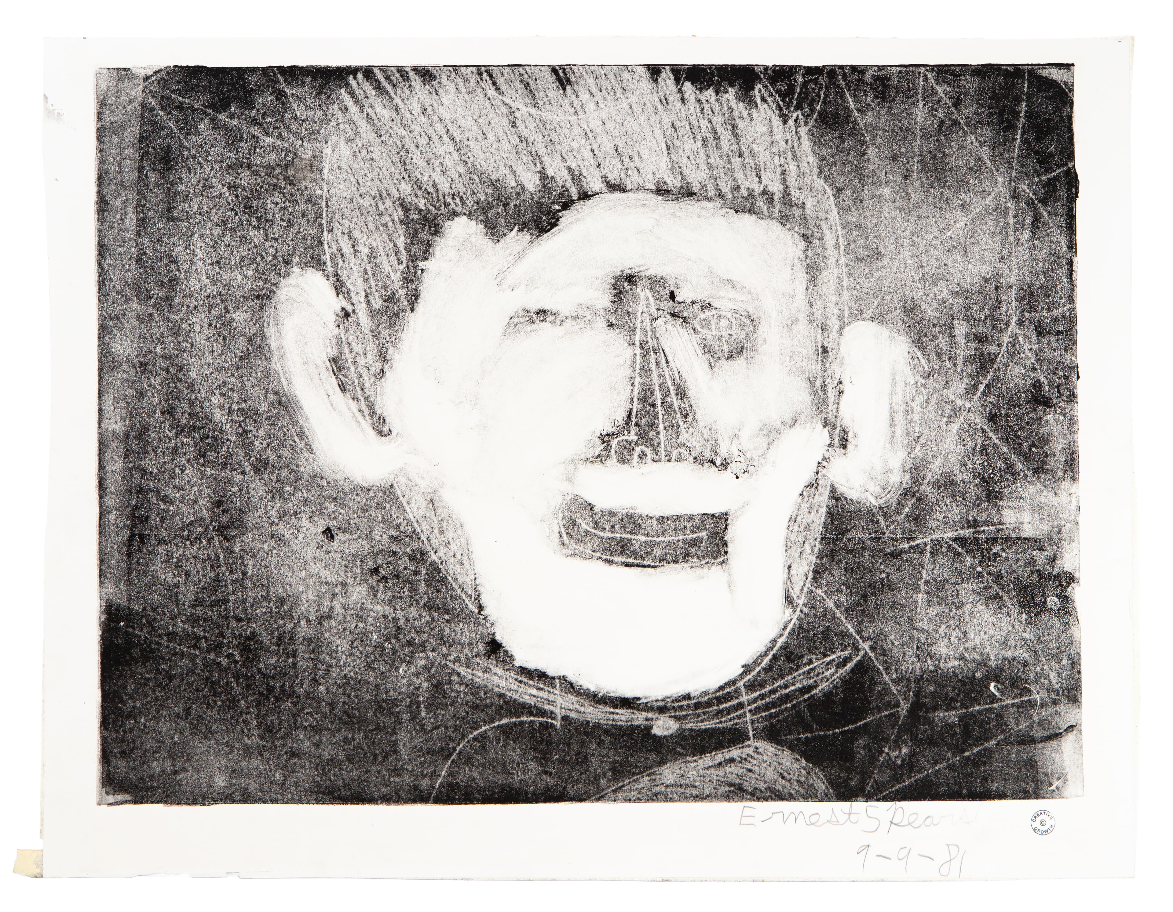 Black and white print showing a portrait with spiky hair, large ears, and an open mouth in an expressive style