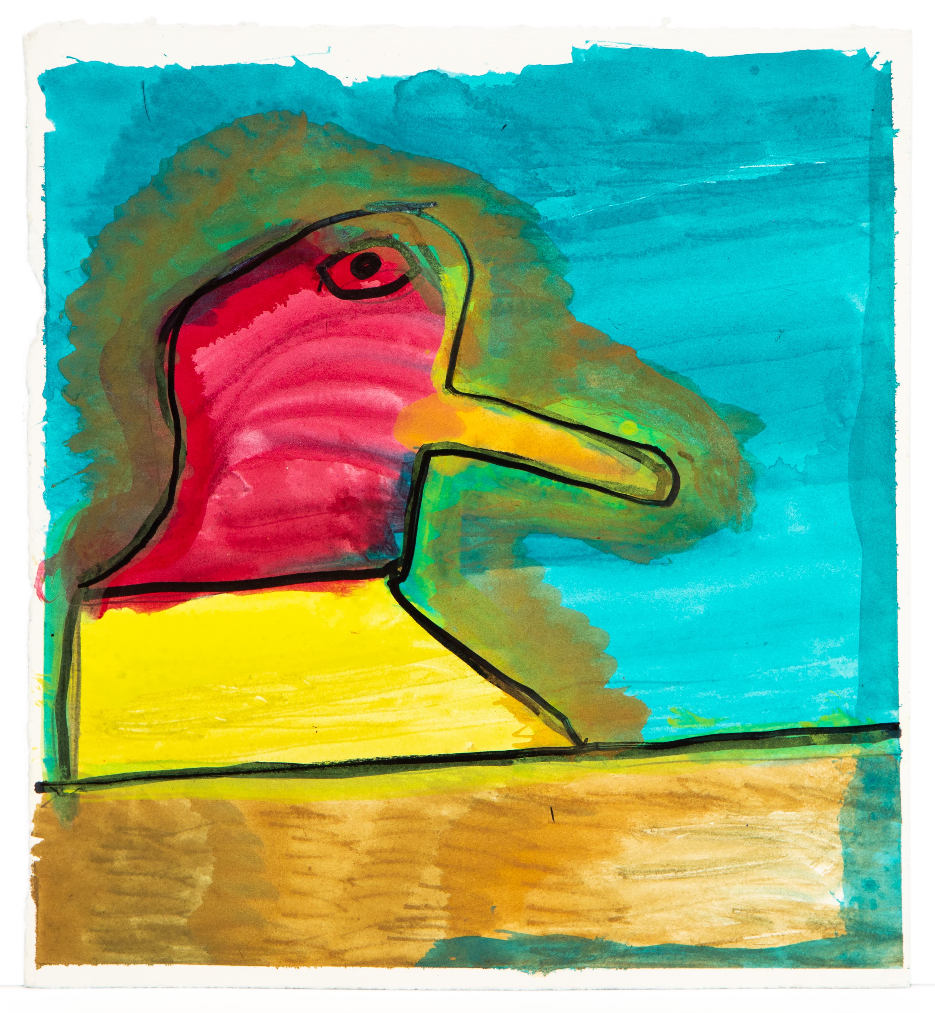 Watercolor painting of a stylized bird with red head, yellow body, and green wings against turquoise background
